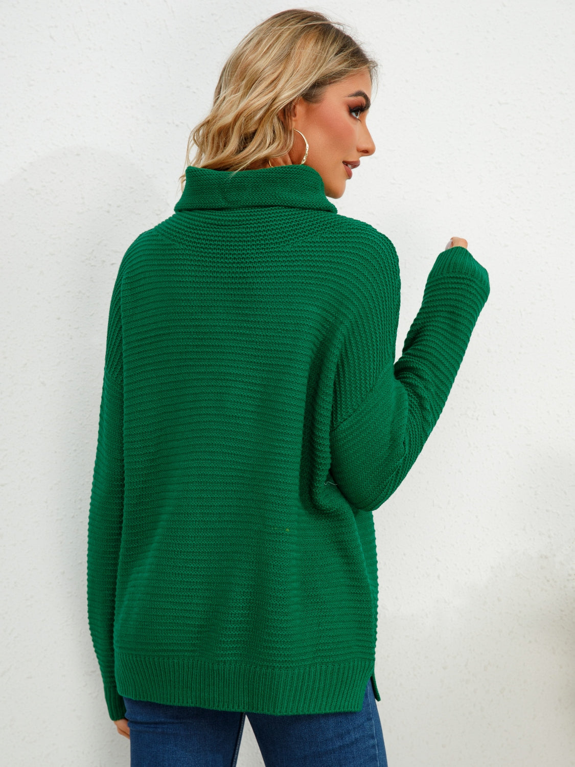 Slit Turtleneck Dropped Shoulder Sweater - The Boutie Shop
