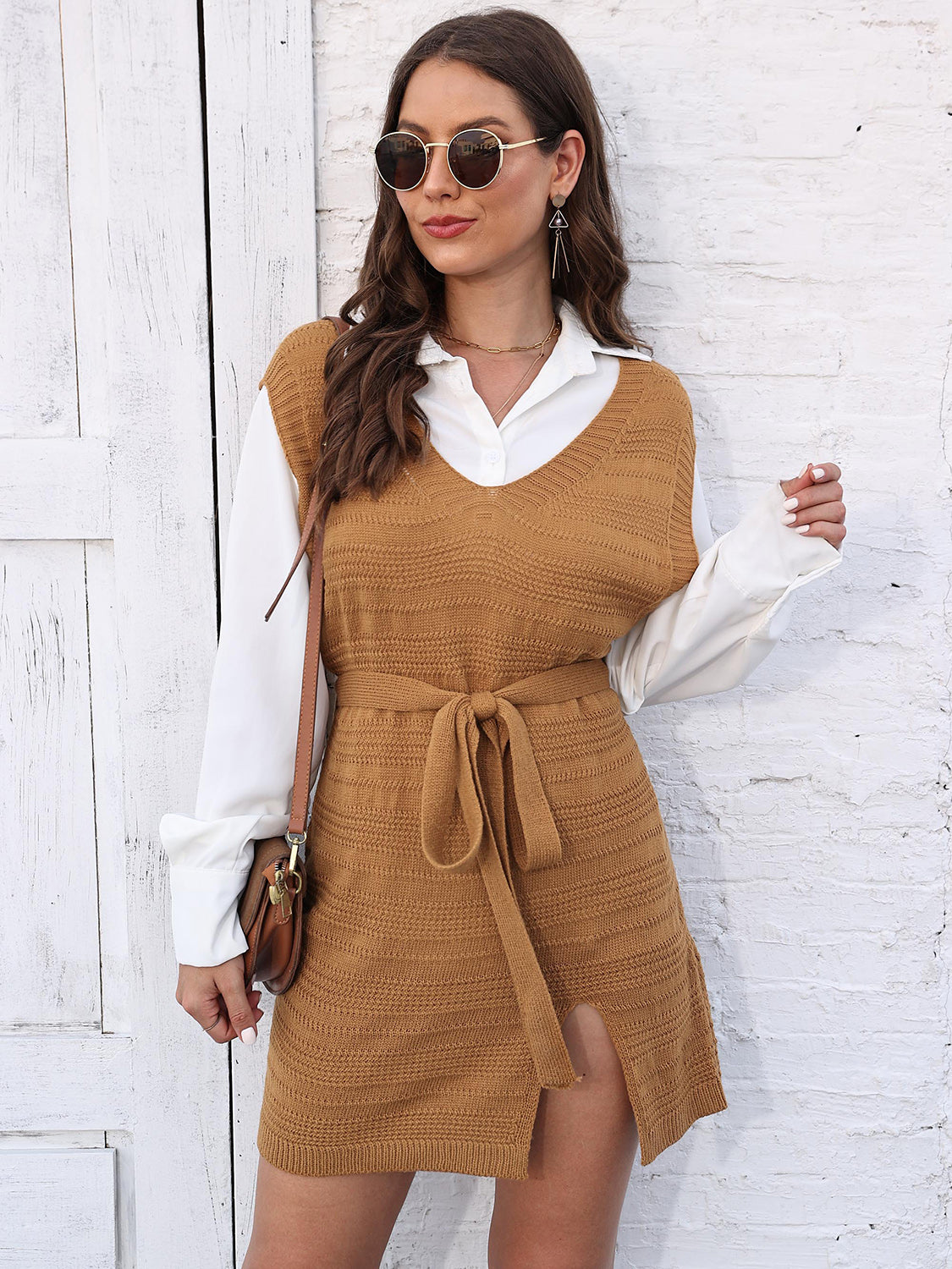 Tie Front V-Neck Sleeveless Slit Sweater Dress - The Boutie Shop