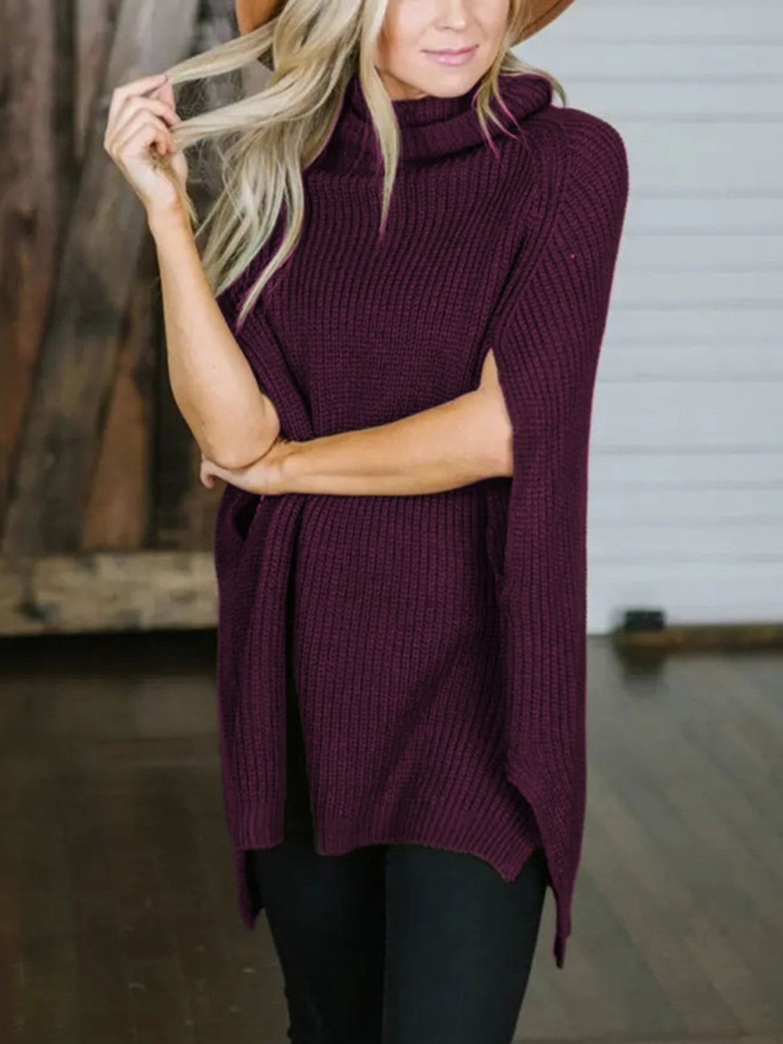 Turtleneck Slit Sweater - The Boutie Shop