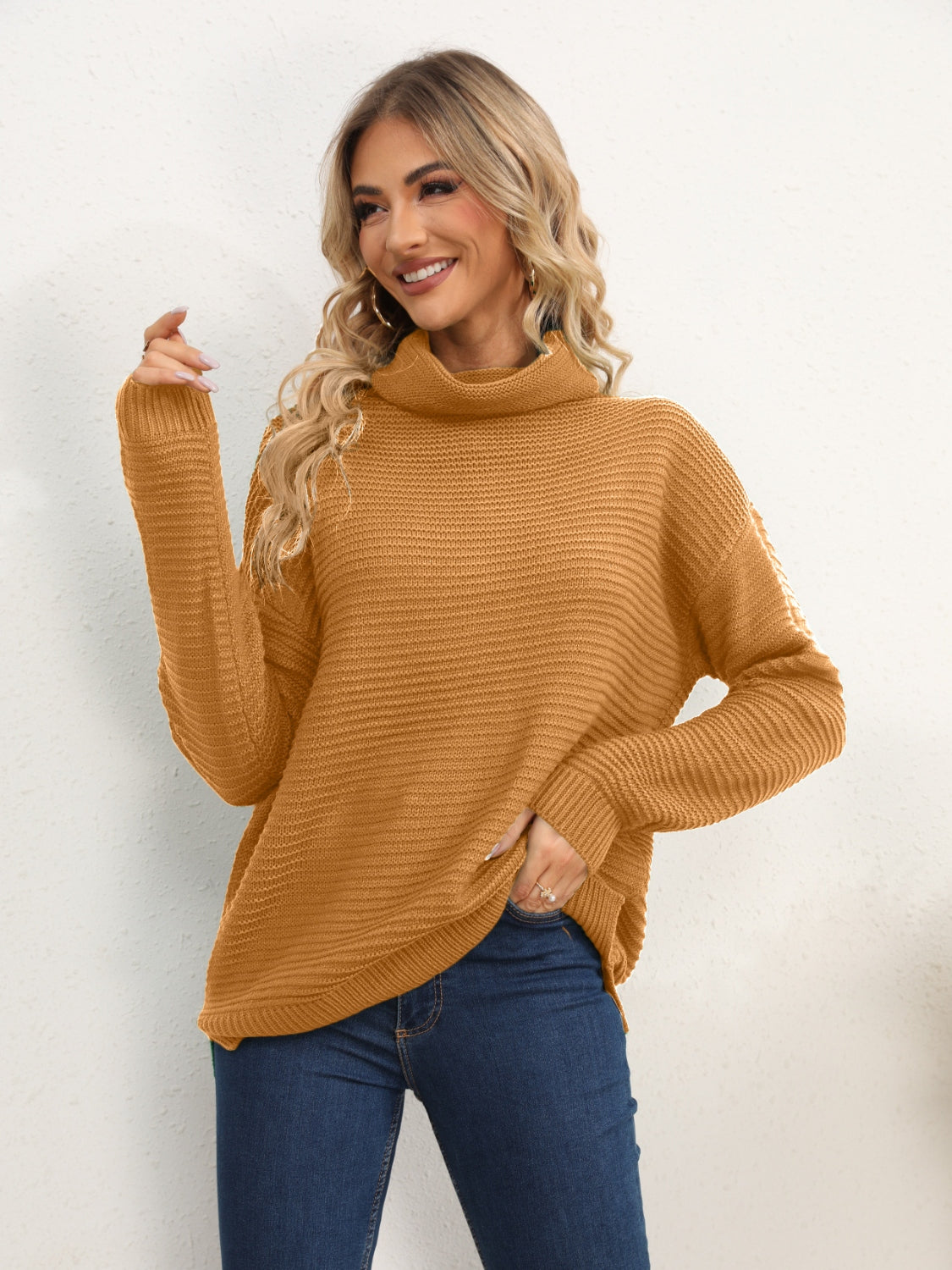 Slit Turtleneck Dropped Shoulder Sweater - The Boutie Shop