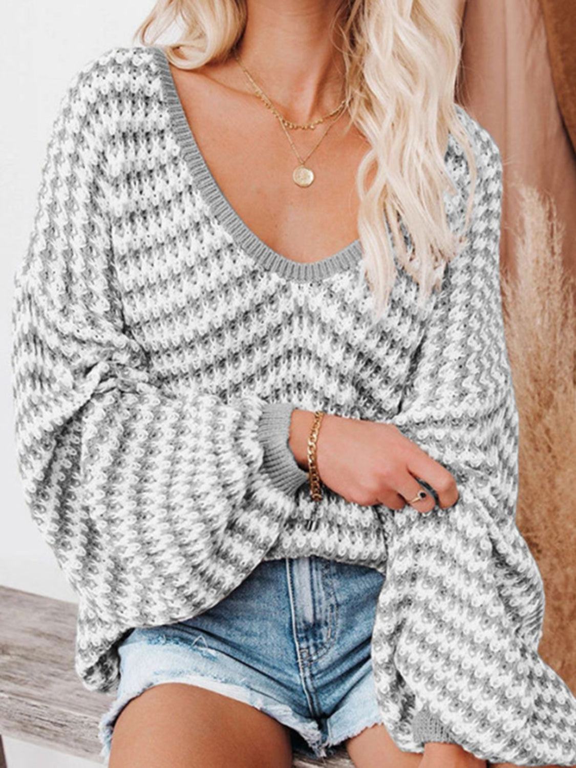 Striped Drop Shoulder V-Neck Sweater - The Boutie Shop