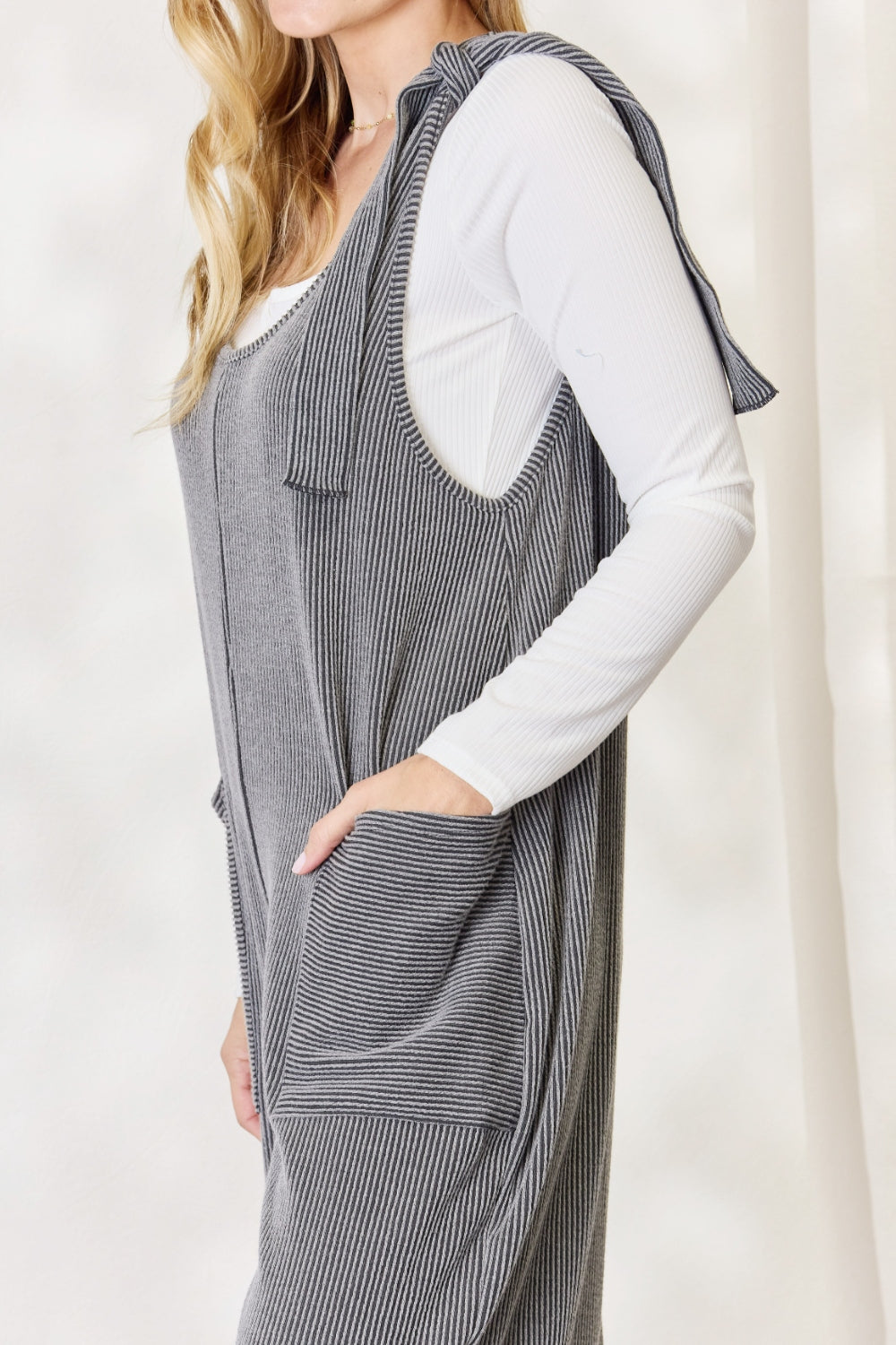 Celeste Full Size Ribbed Tie Shoulder Sleeveless Ankle Overalls - The Boutie Shop
