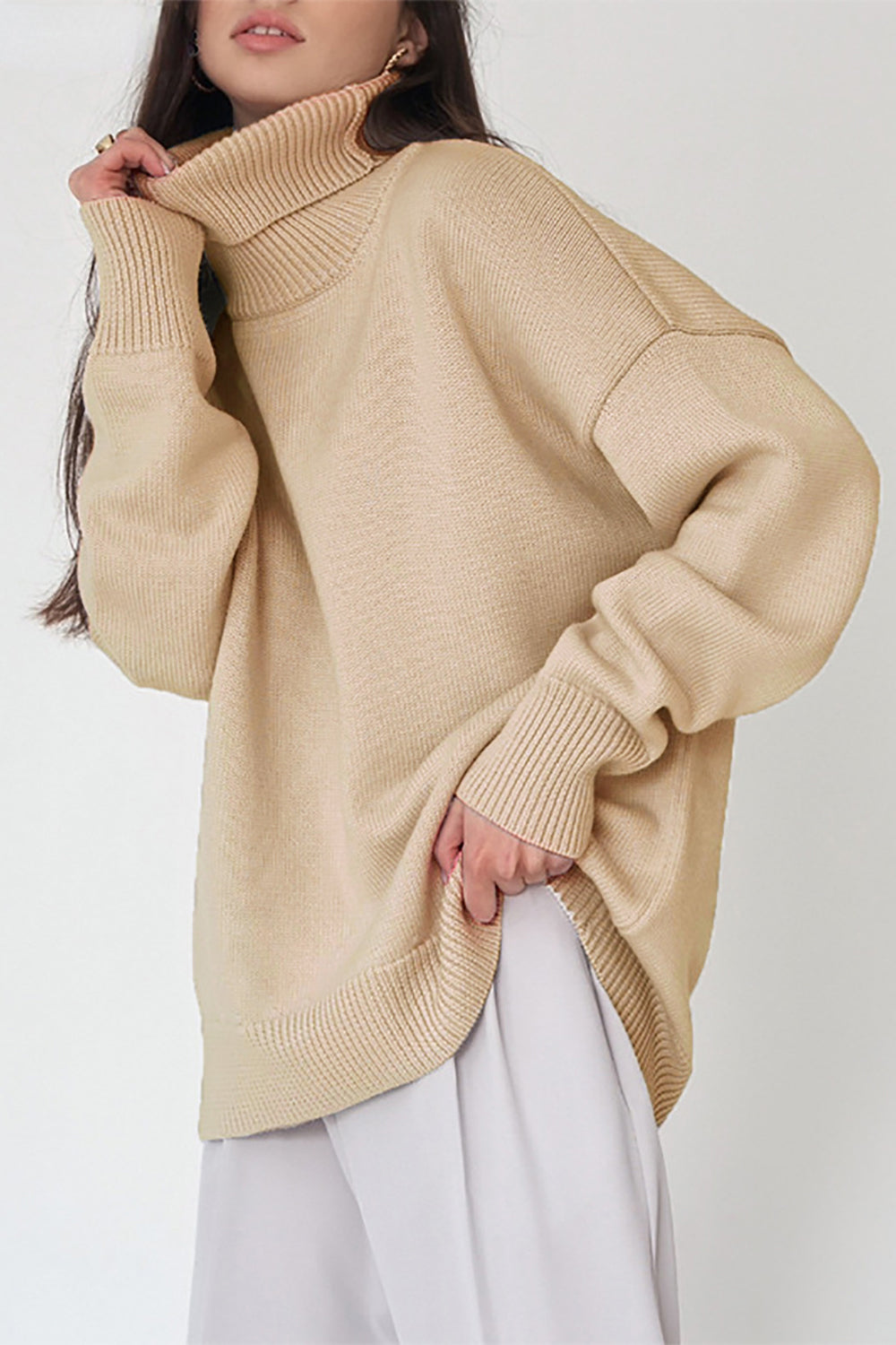 Turtle Neck Dropped Shoulder Sweater - The Boutie Shop