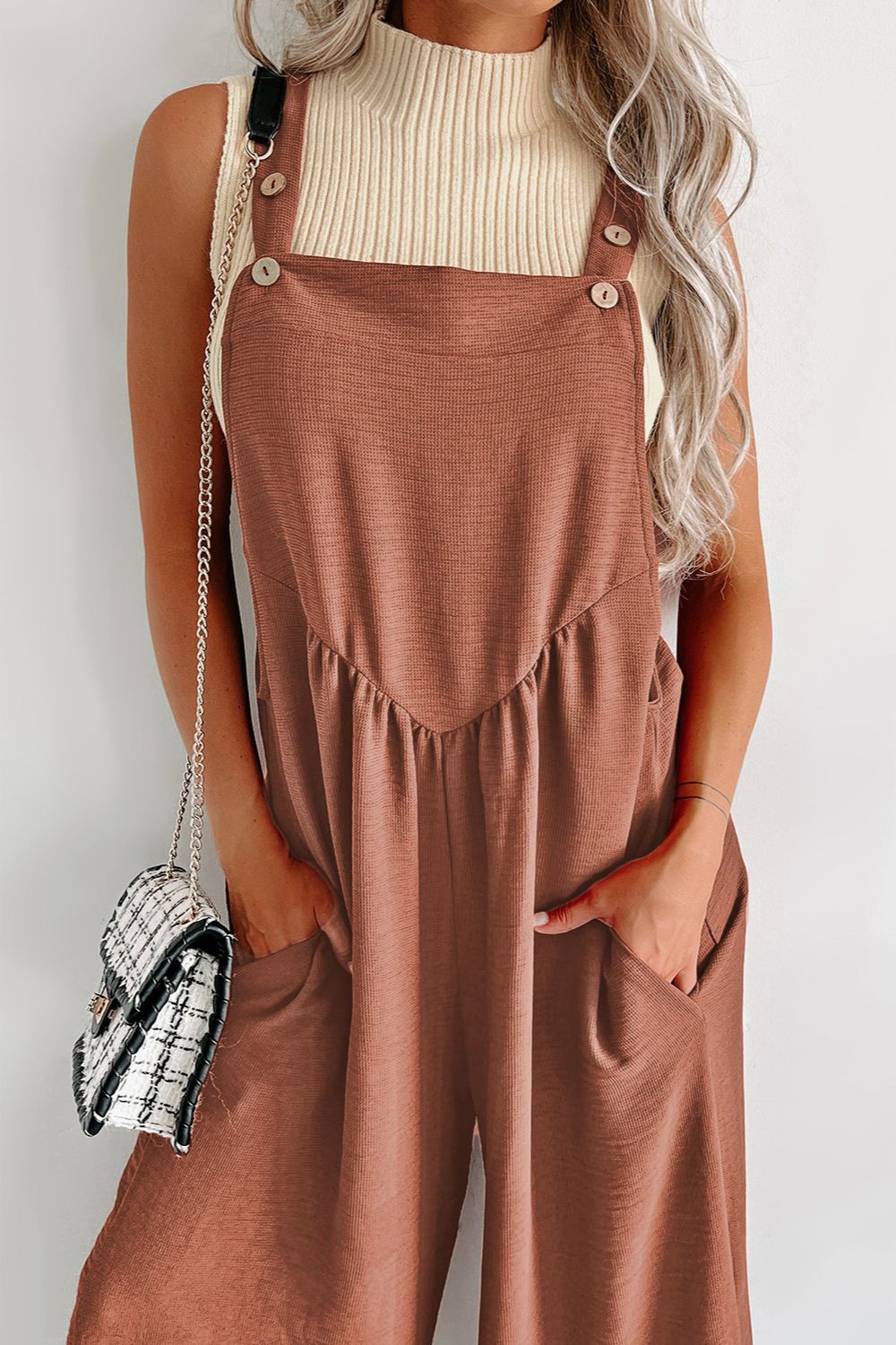 Waffle-knit Wide Leg Overall with Pockets - The Boutie Shop