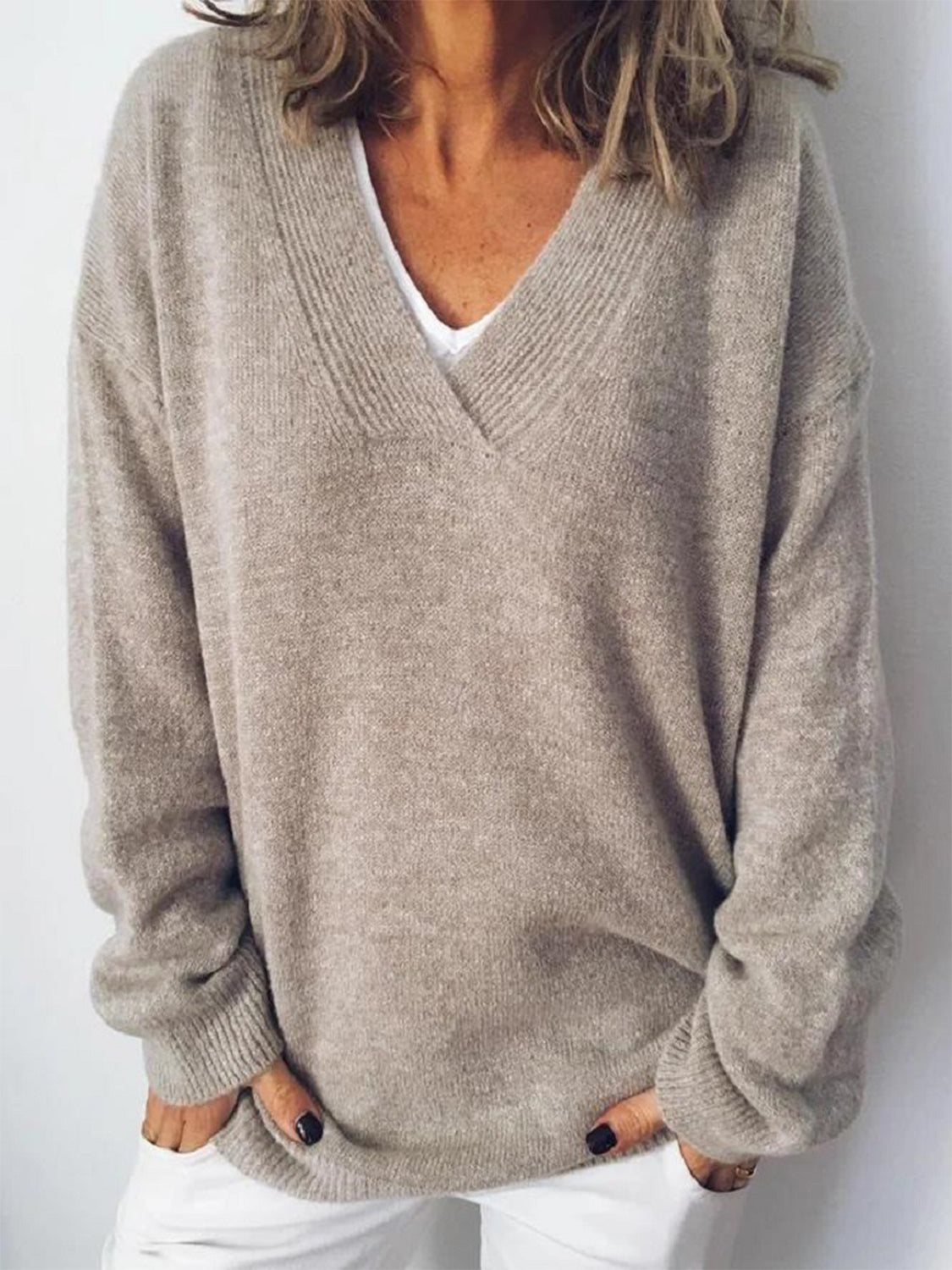 V-Neck Dropped Shoulder Sweater - The Boutie Shop