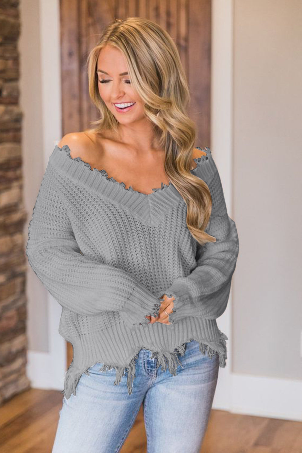 Frayed Hem Dropped Shoulder Sweater - The Boutie Shop