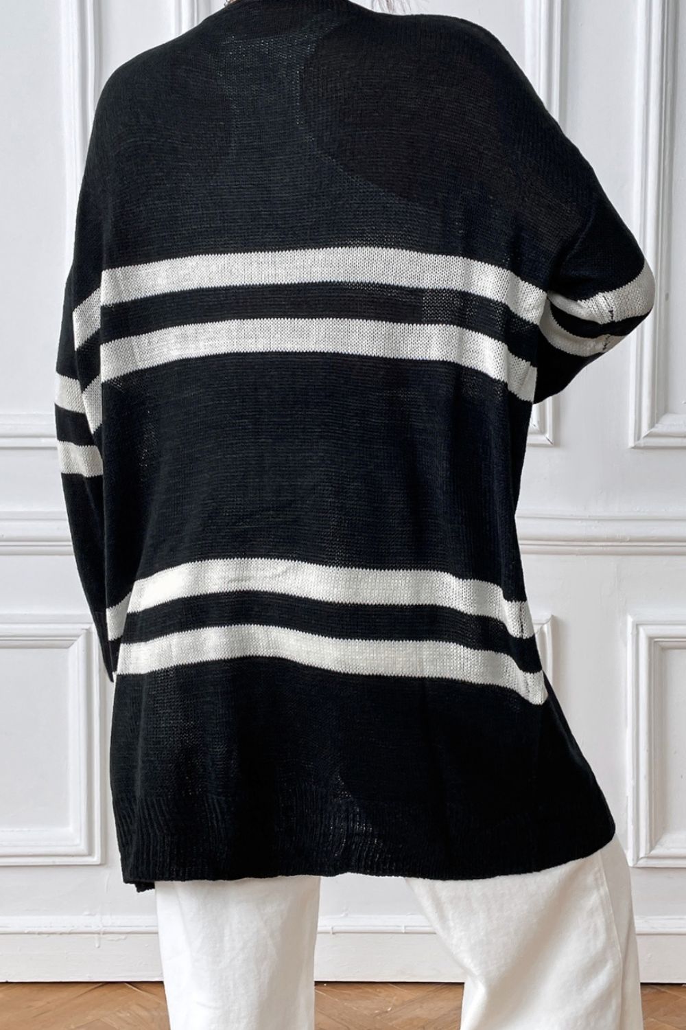 Striped Open Front Dropped Shoulder Cardigan - The Boutie Shop