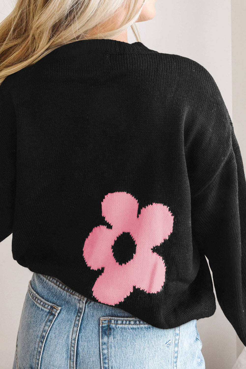 Round Neck Floral Pattern Color Contrast Design Long Sleeve Sweater - The Boutie Shop