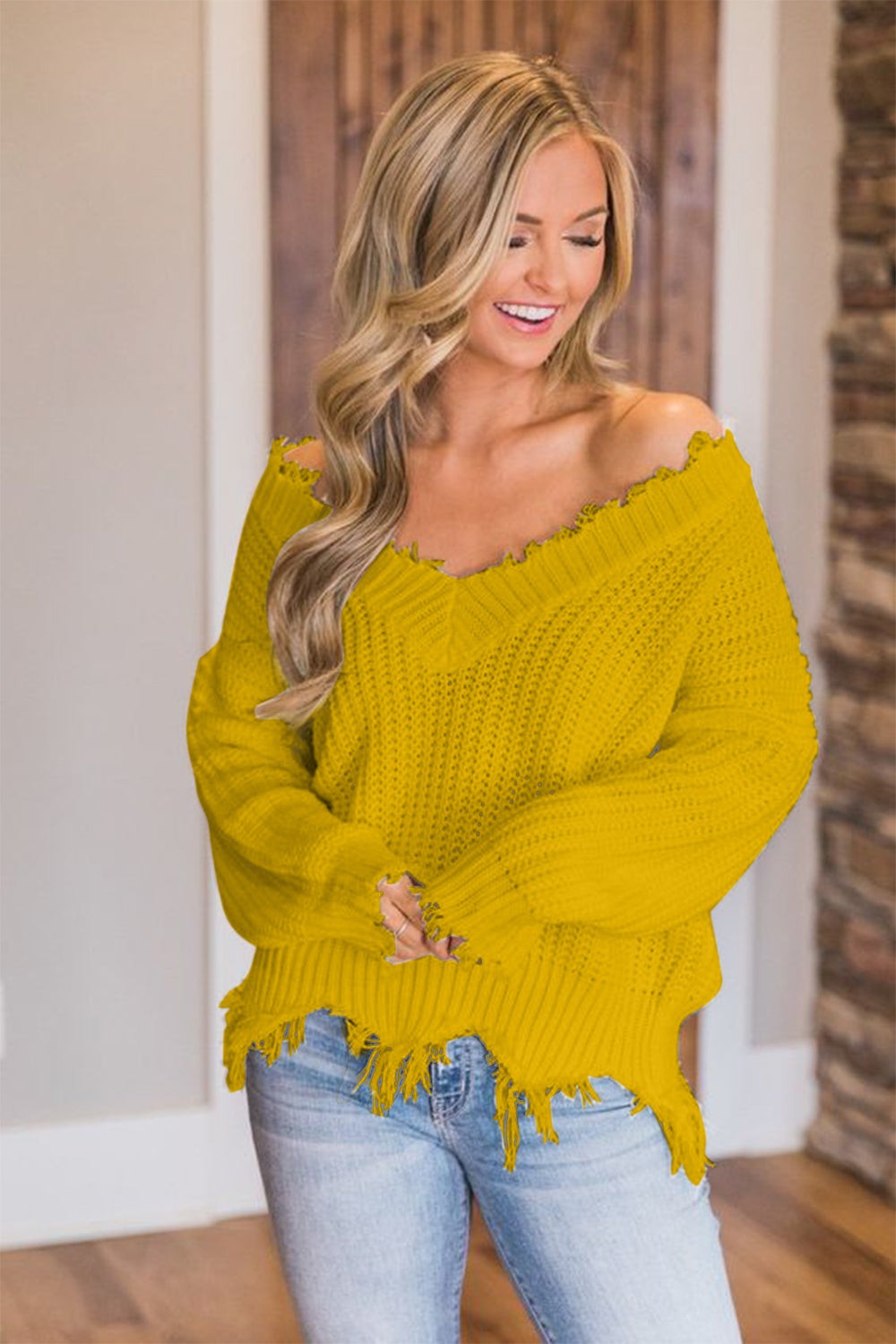 Frayed Hem Dropped Shoulder Sweater - The Boutie Shop