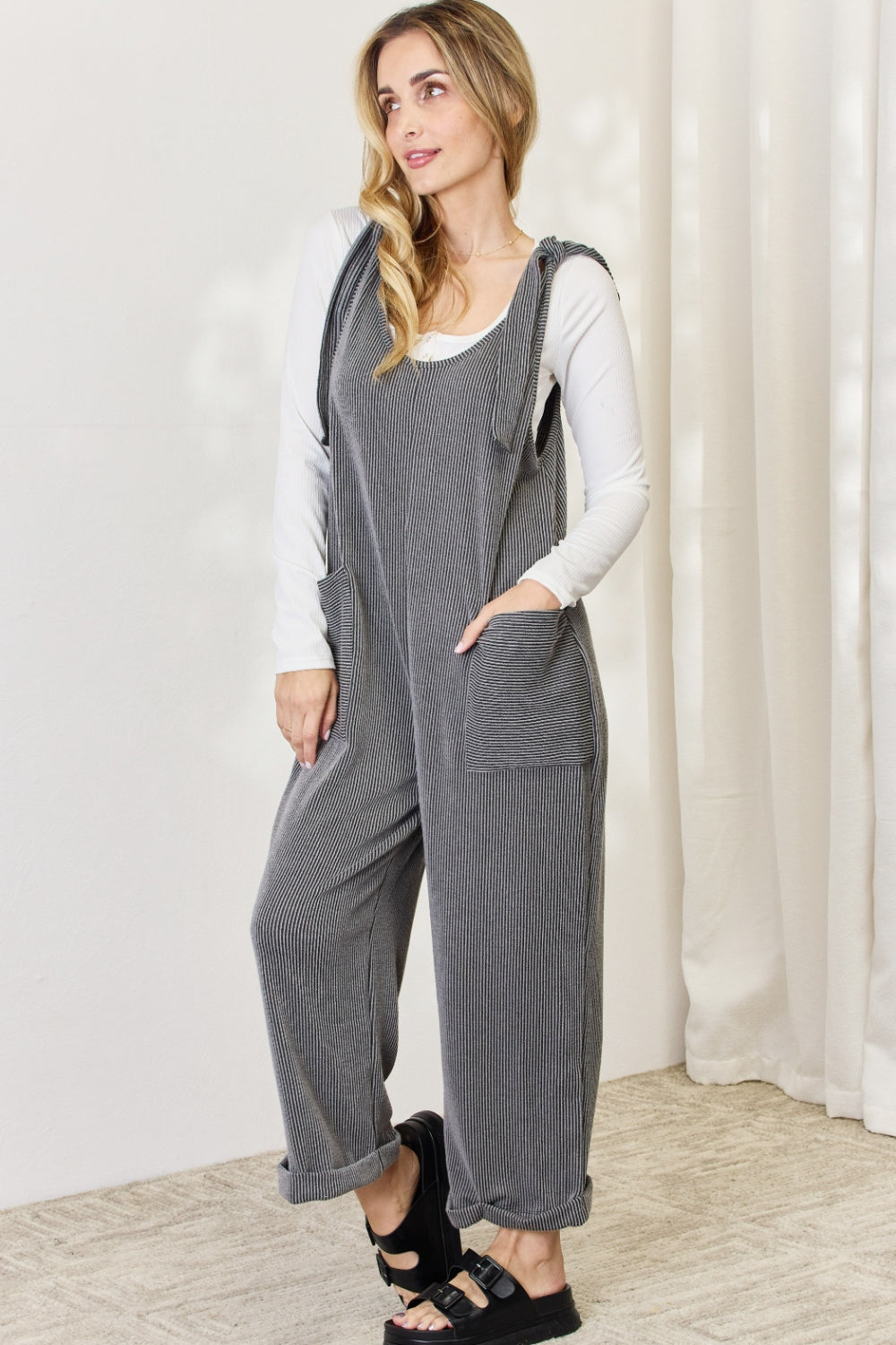 Celeste Full Size Ribbed Tie Shoulder Sleeveless Ankle Overalls - The Boutie Shop