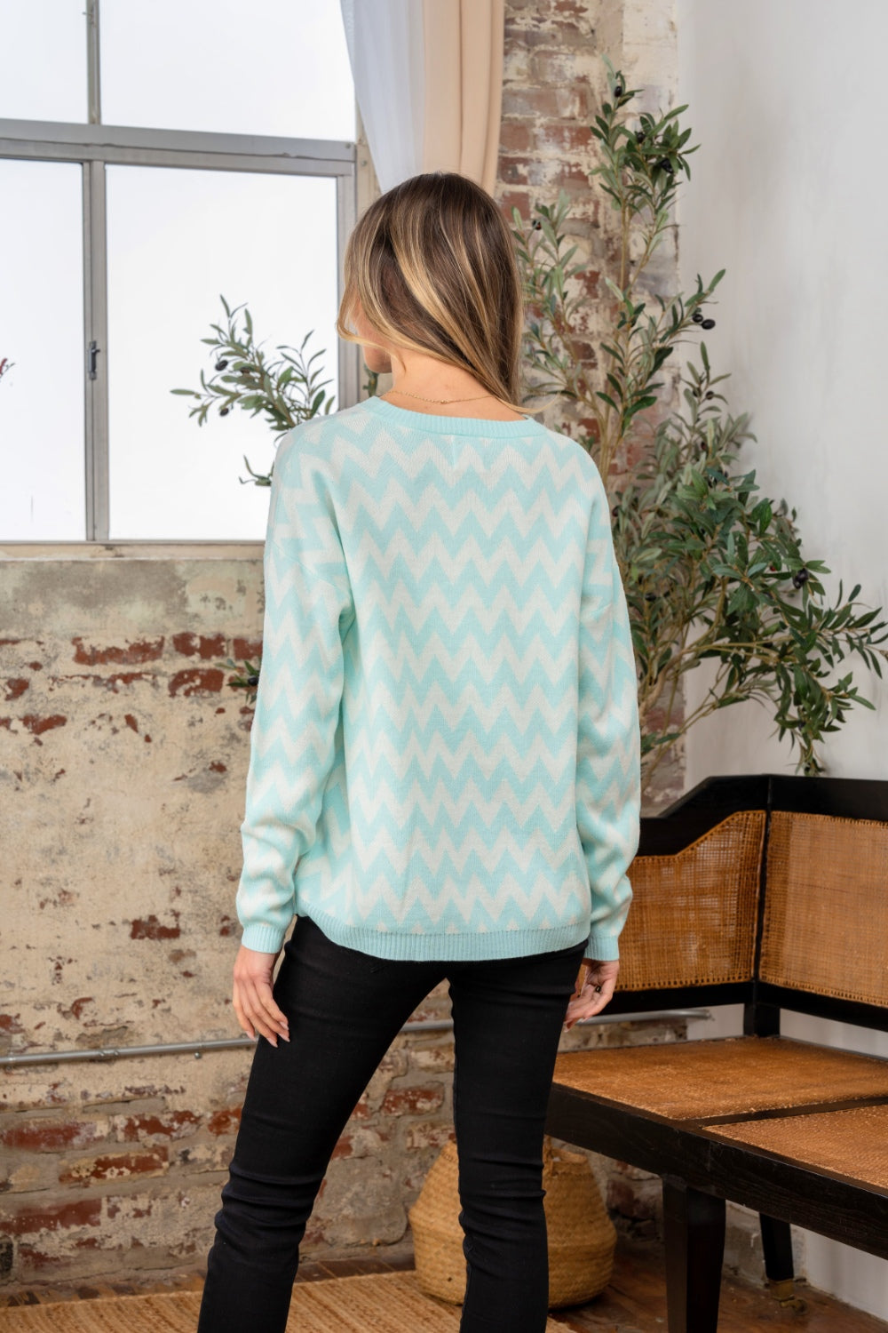 Sew In Love Full Size Wave Stripe Contrast Long Sleeve Sweater - The Boutie Shop