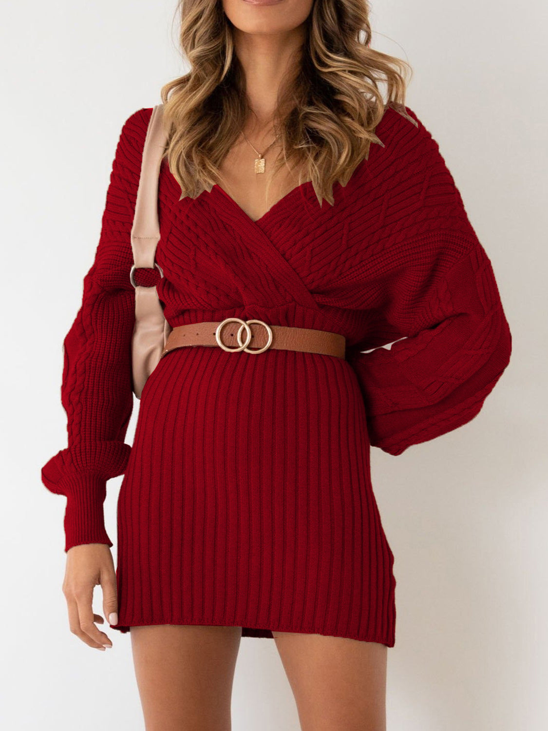 Surplice Neck Long Sleeve Sweater Dress - The Boutie Shop