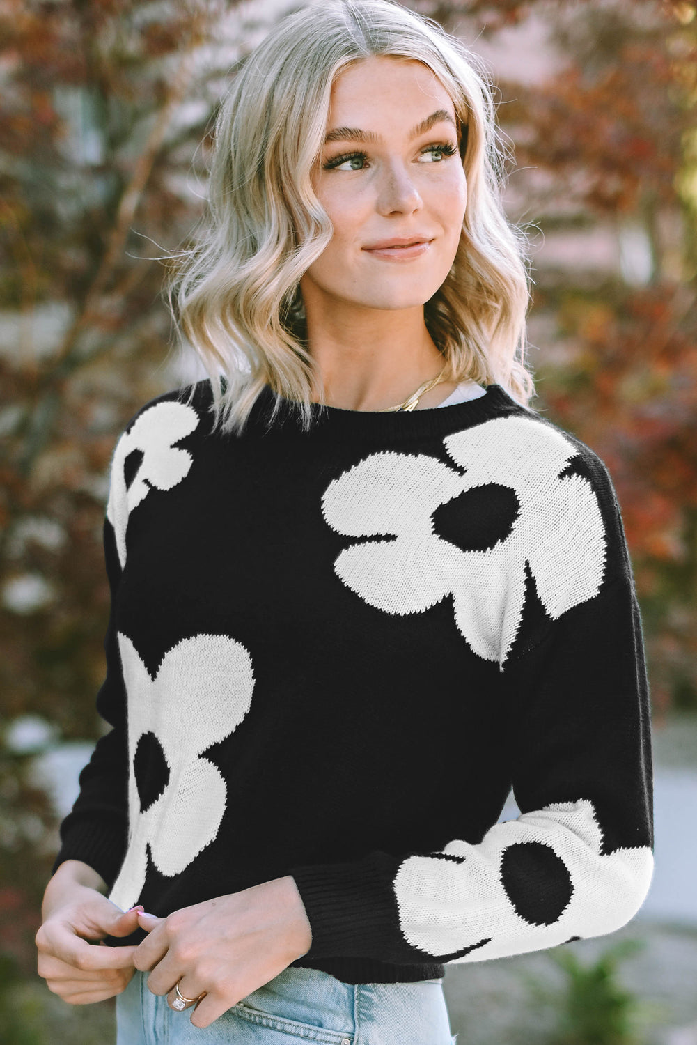 Round Neck Floral Pattern Color Contrast Design Long Sleeve Sweater - The Boutie Shop