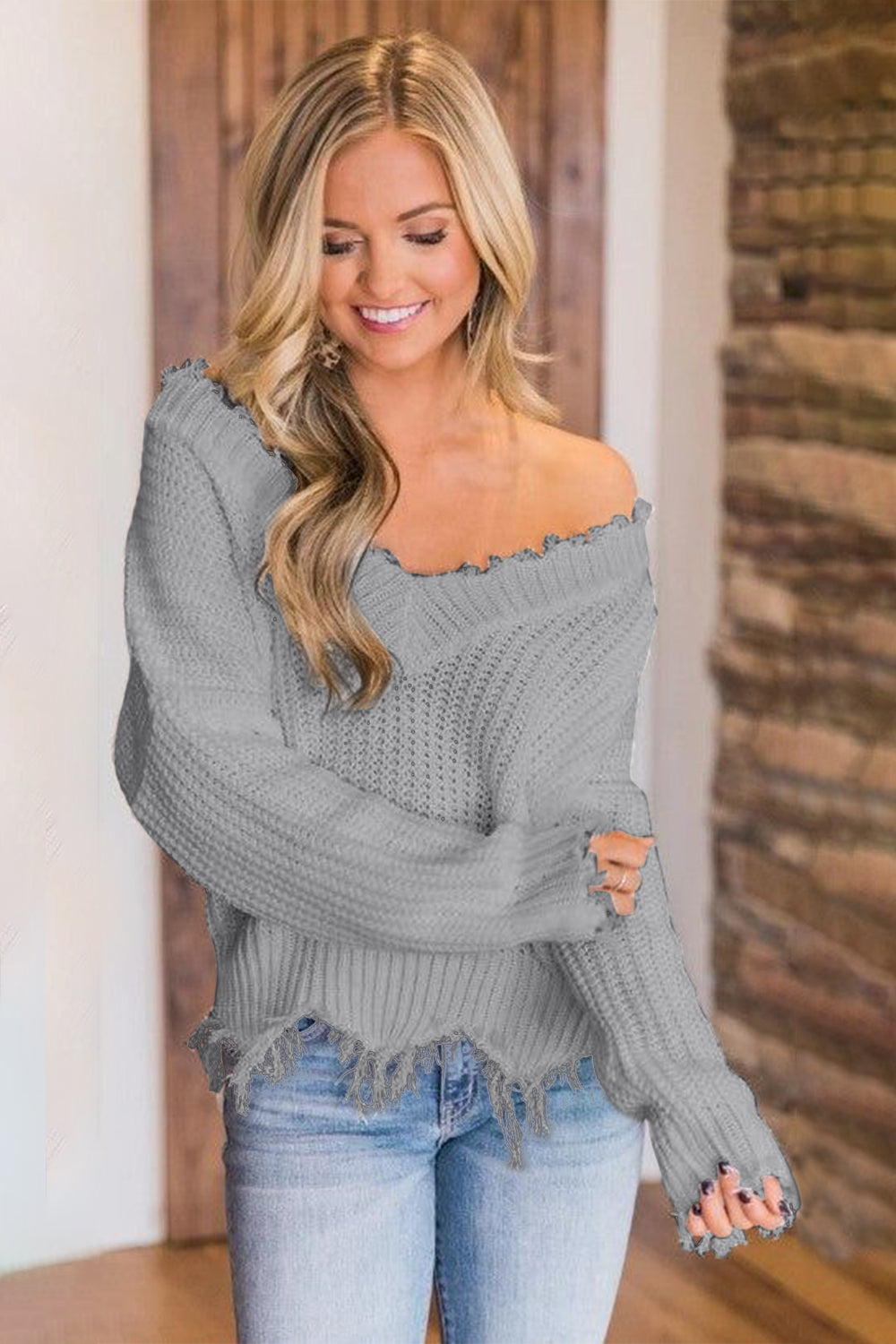 Frayed Hem Dropped Shoulder Sweater - The Boutie Shop