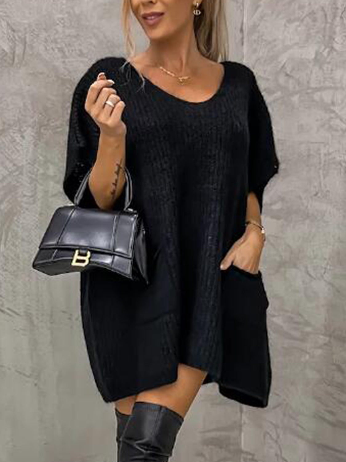 Short Sleeve Sweater Dress with Pockets - The Boutie Shop