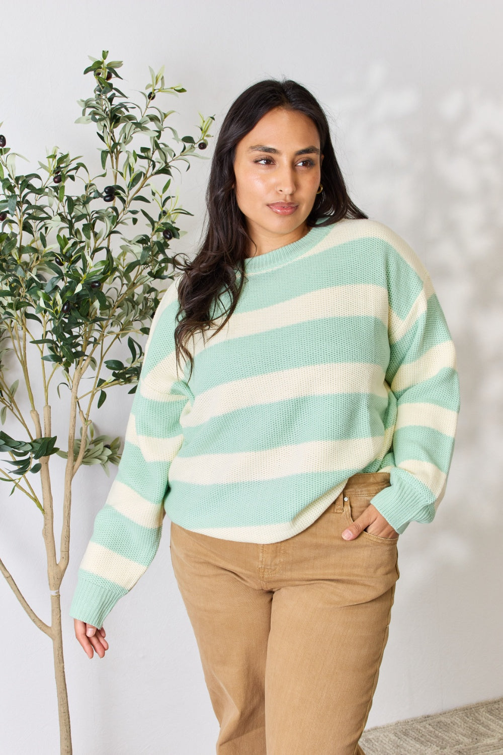 Sew In Love Full Size Contrast Striped Round Neck Sweater - The Boutie Shop