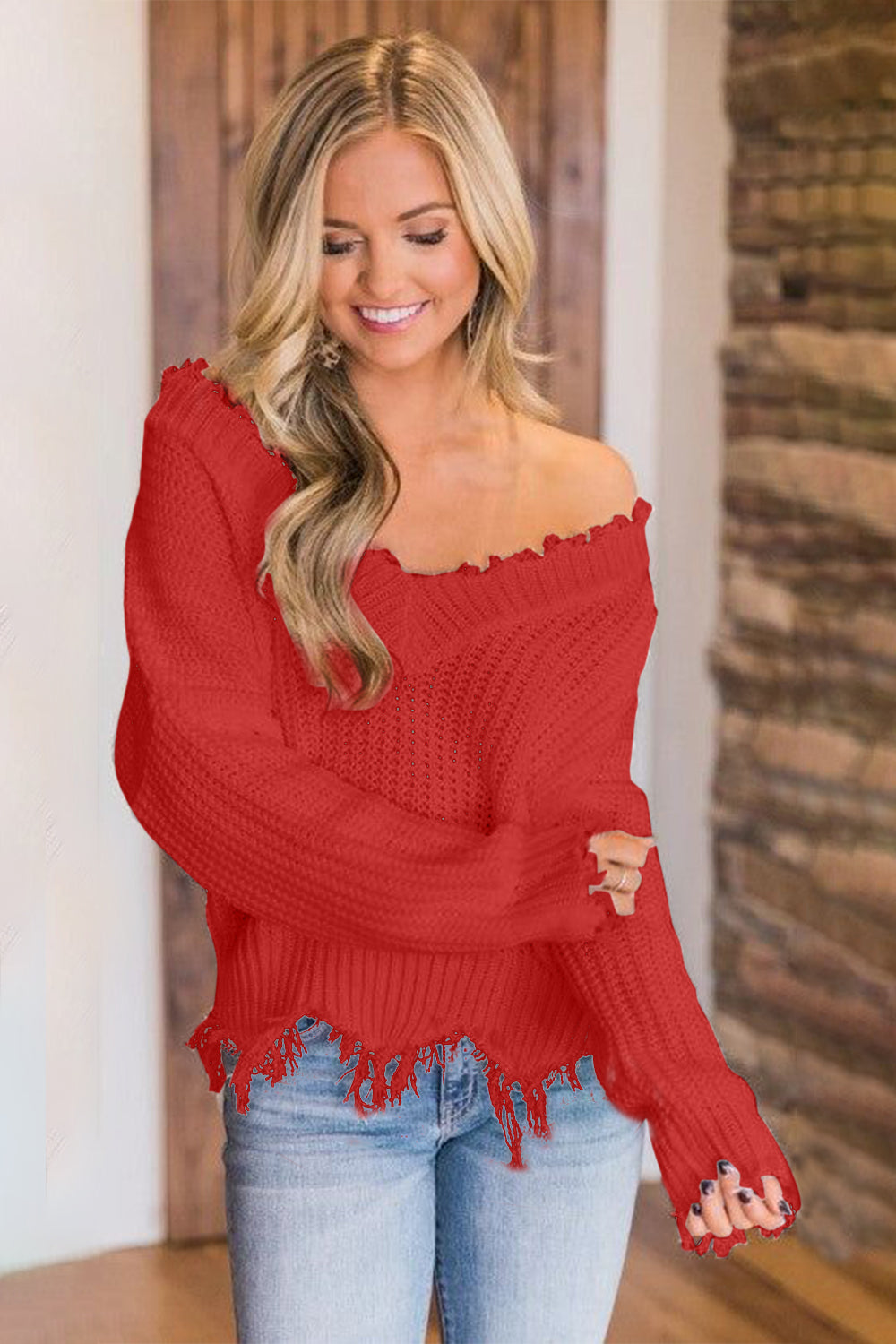 Frayed Hem Dropped Shoulder Sweater - The Boutie Shop
