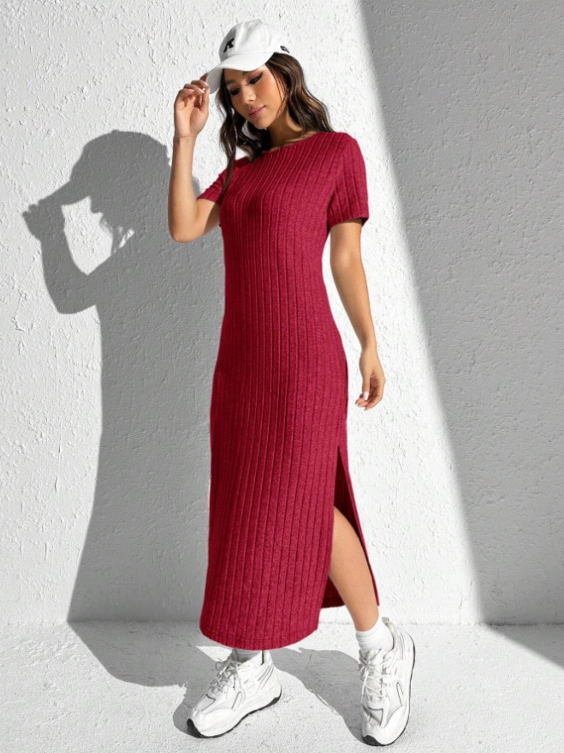 Slit Round Neck Short Sleeve Sweater Dress - The Boutie Shop