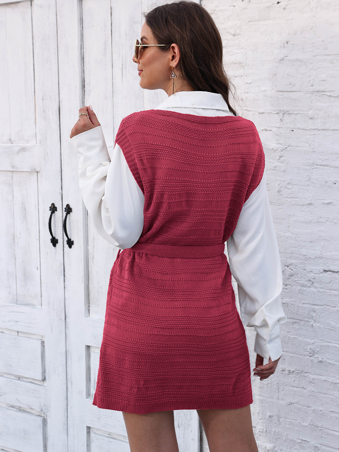 Tie Front V-Neck Sleeveless Slit Sweater Dress - The Boutie Shop