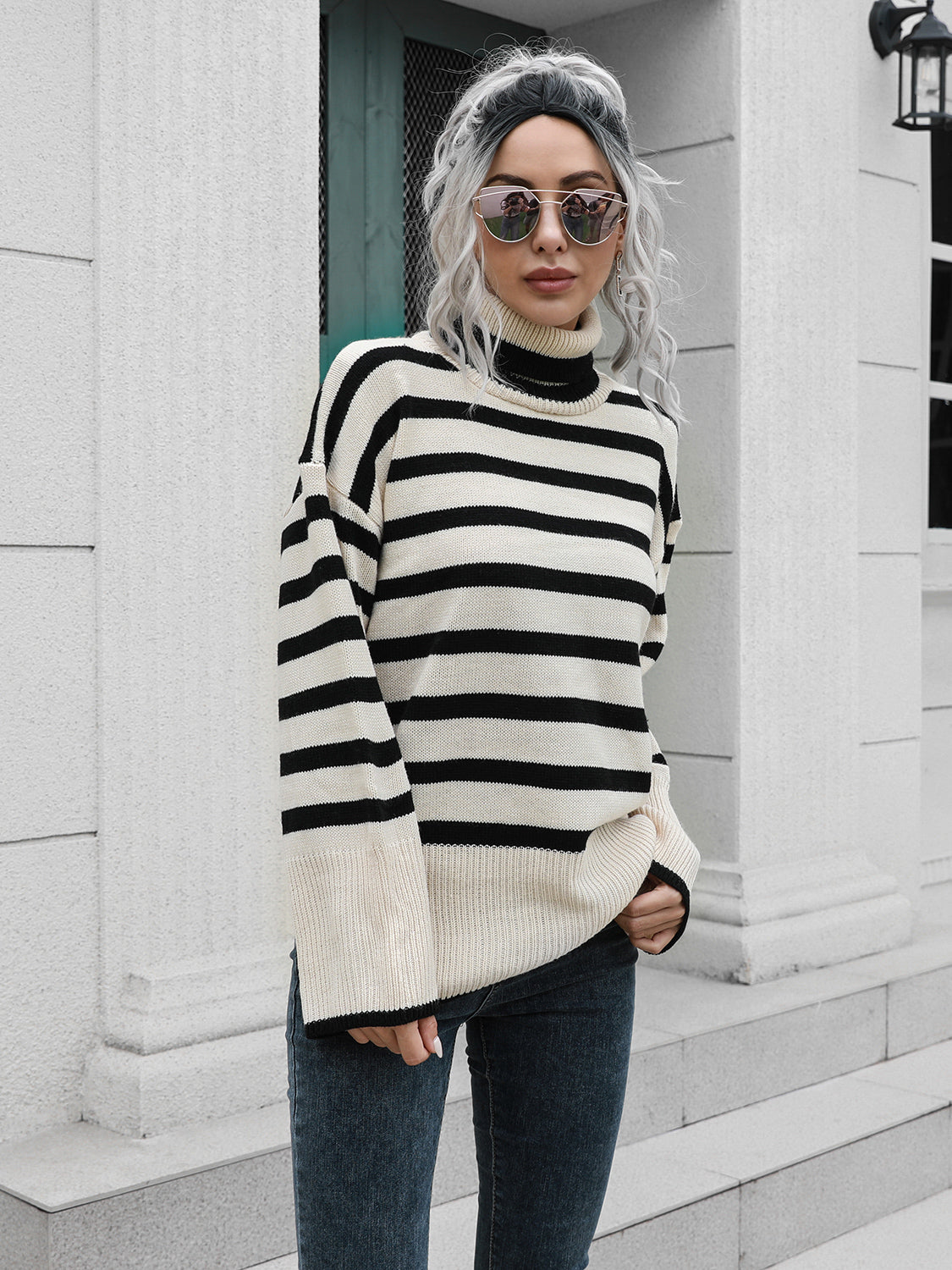 Striped Slit Turtleneck Drop Shoulder Sweater - The Boutie Shop