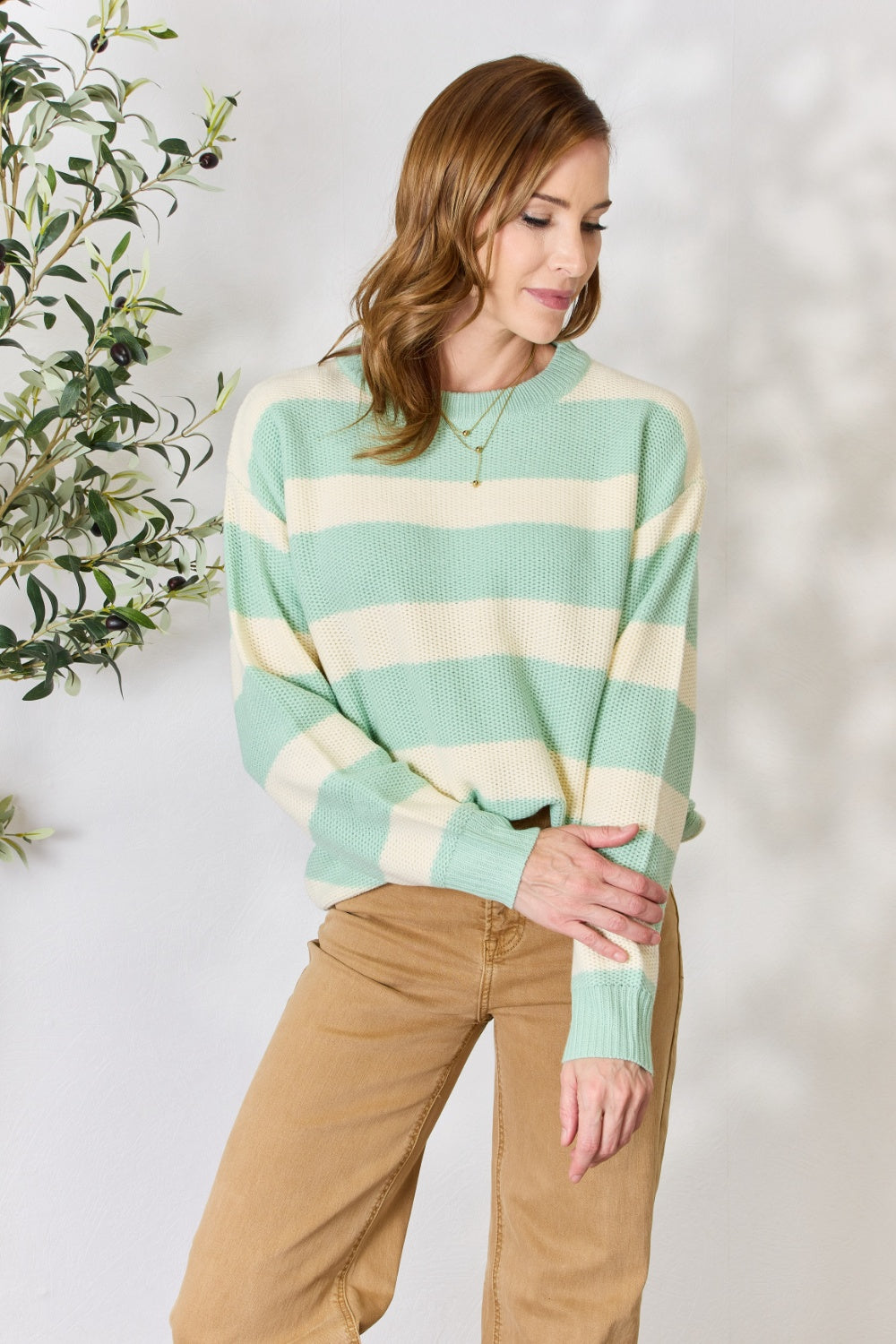 Sew In Love Full Size Contrast Striped Round Neck Sweater - The Boutie Shop