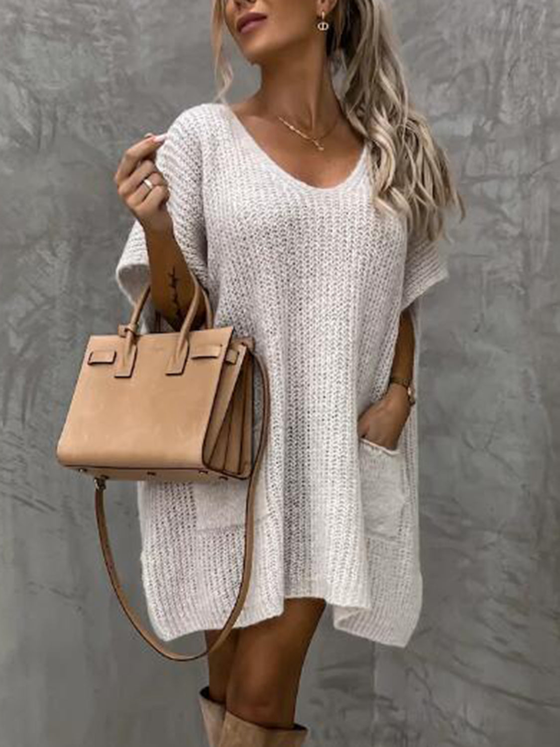 Short Sleeve Sweater Dress with Pockets - The Boutie Shop