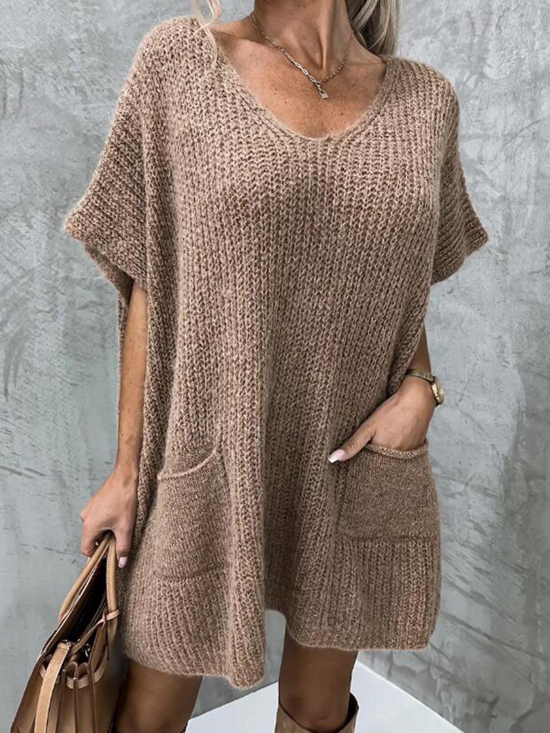 Short Sleeve Sweater Dress with Pockets - The Boutie Shop