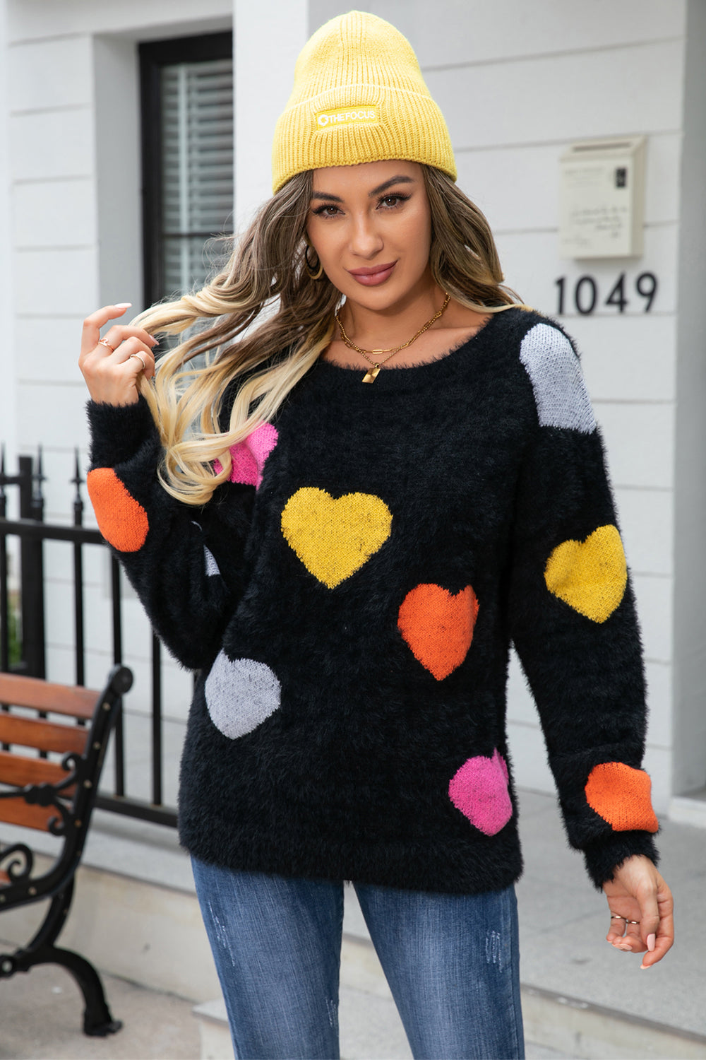 Angel Wings Heart Pattern Round Neck Long Sleeve Sweater - The Boutie Shop