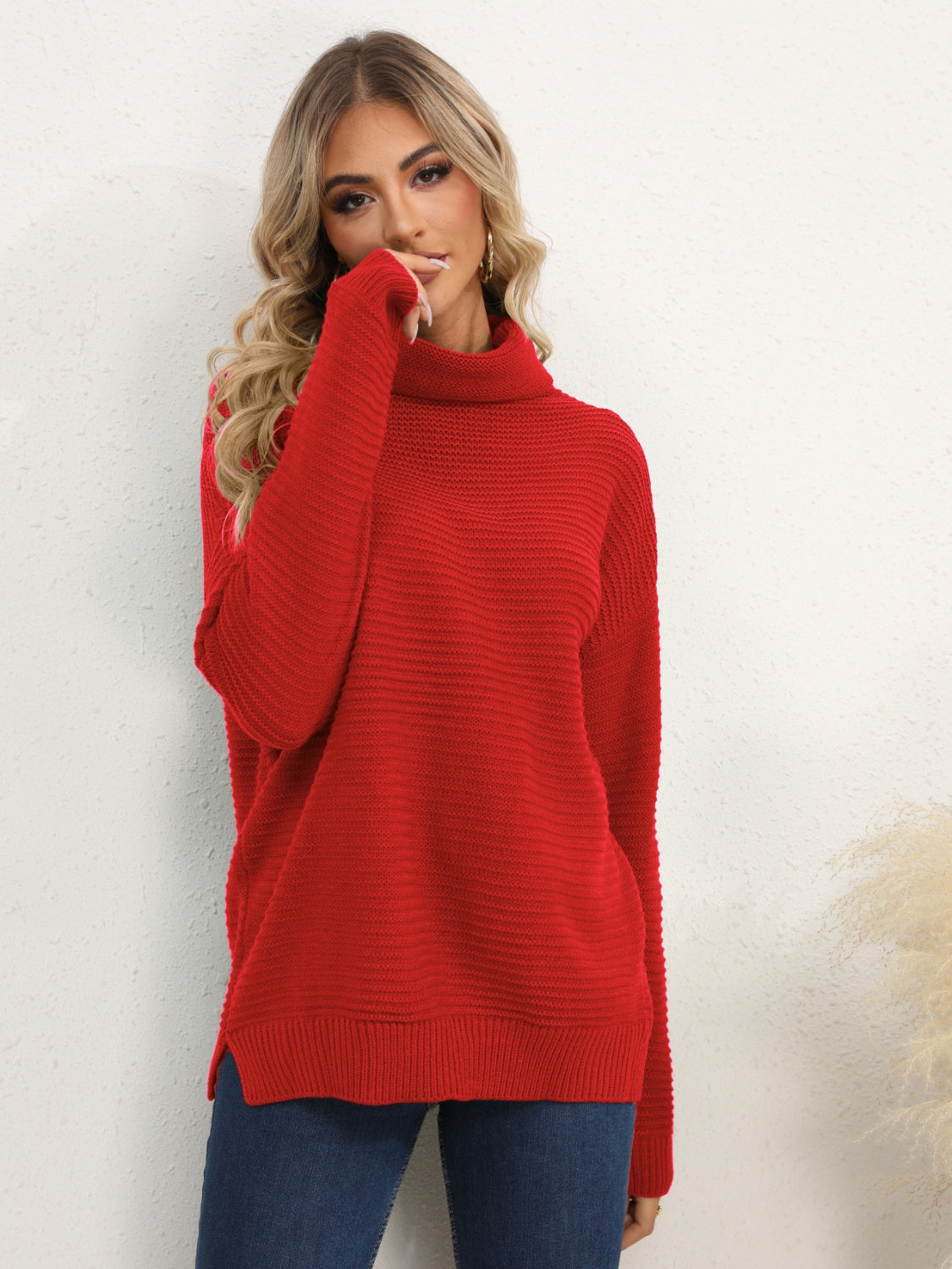 Slit Turtleneck Dropped Shoulder Sweater - The Boutie Shop