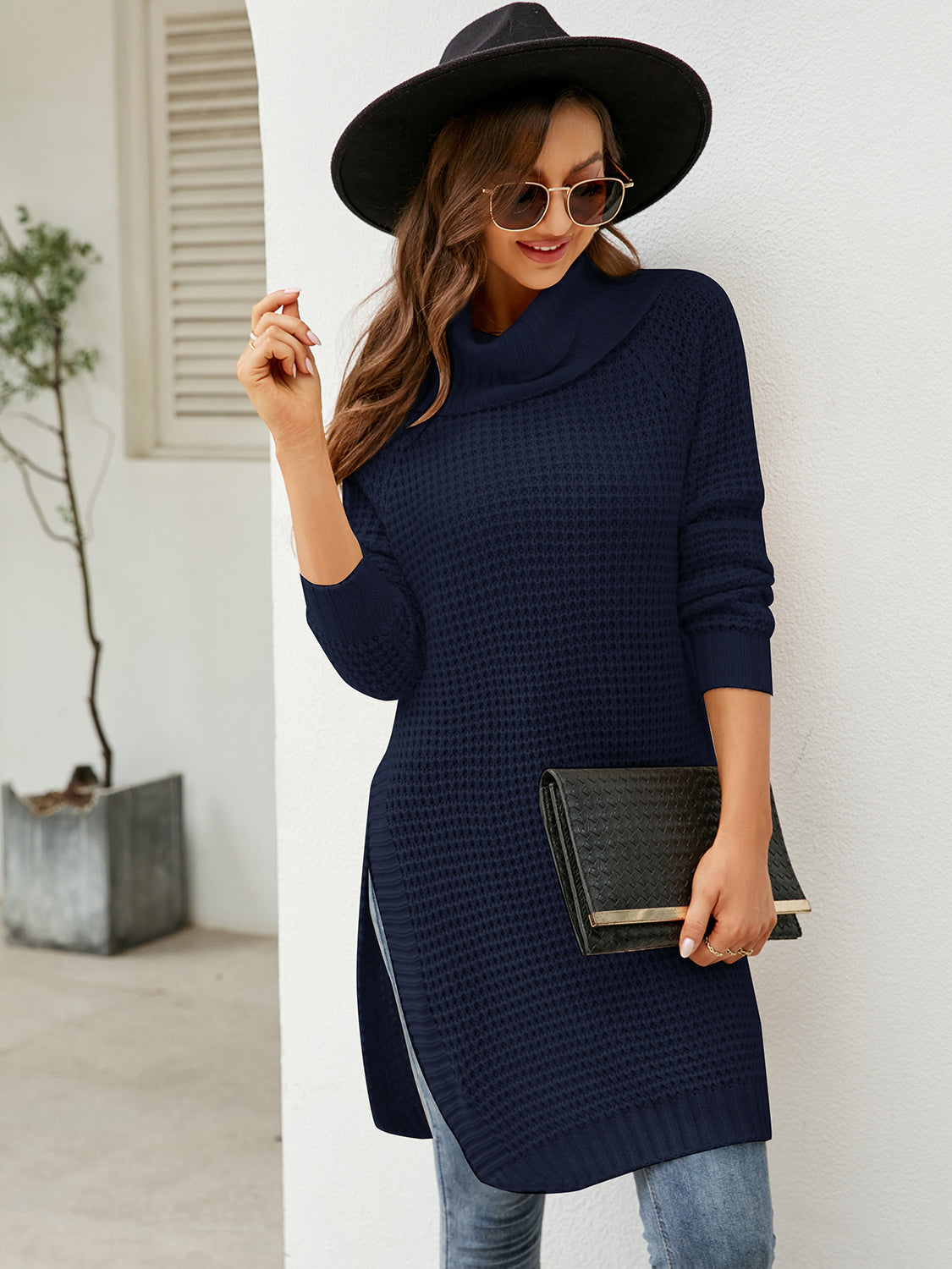 Turtleneck Waffle-Knit Slit Sweater Dress - The Boutie Shop