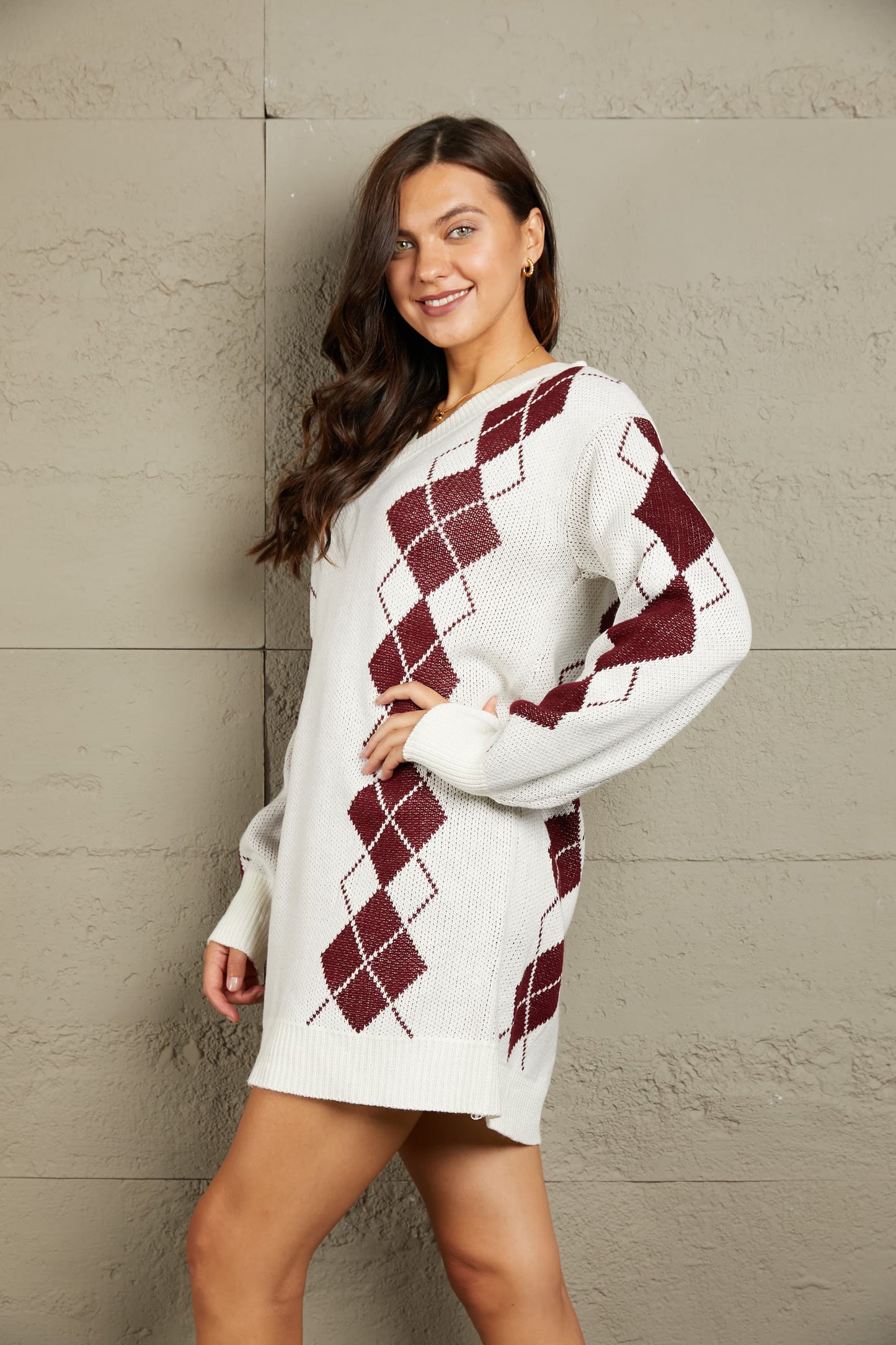 Woven Right Argyle V-Neck Ribbed Trim Sweater Dress - The Boutie Shop