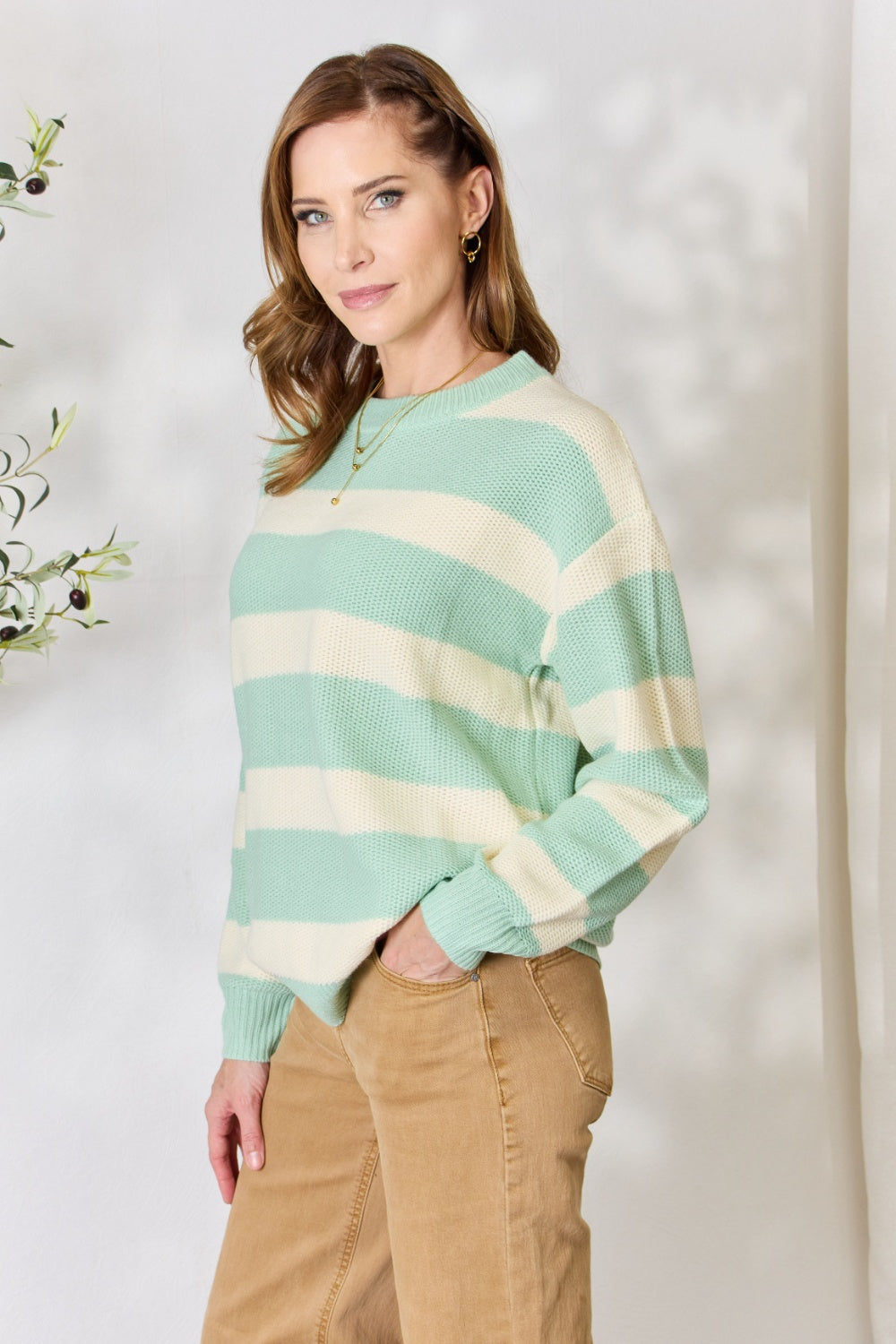 Sew In Love Full Size Contrast Striped Round Neck Sweater - The Boutie Shop