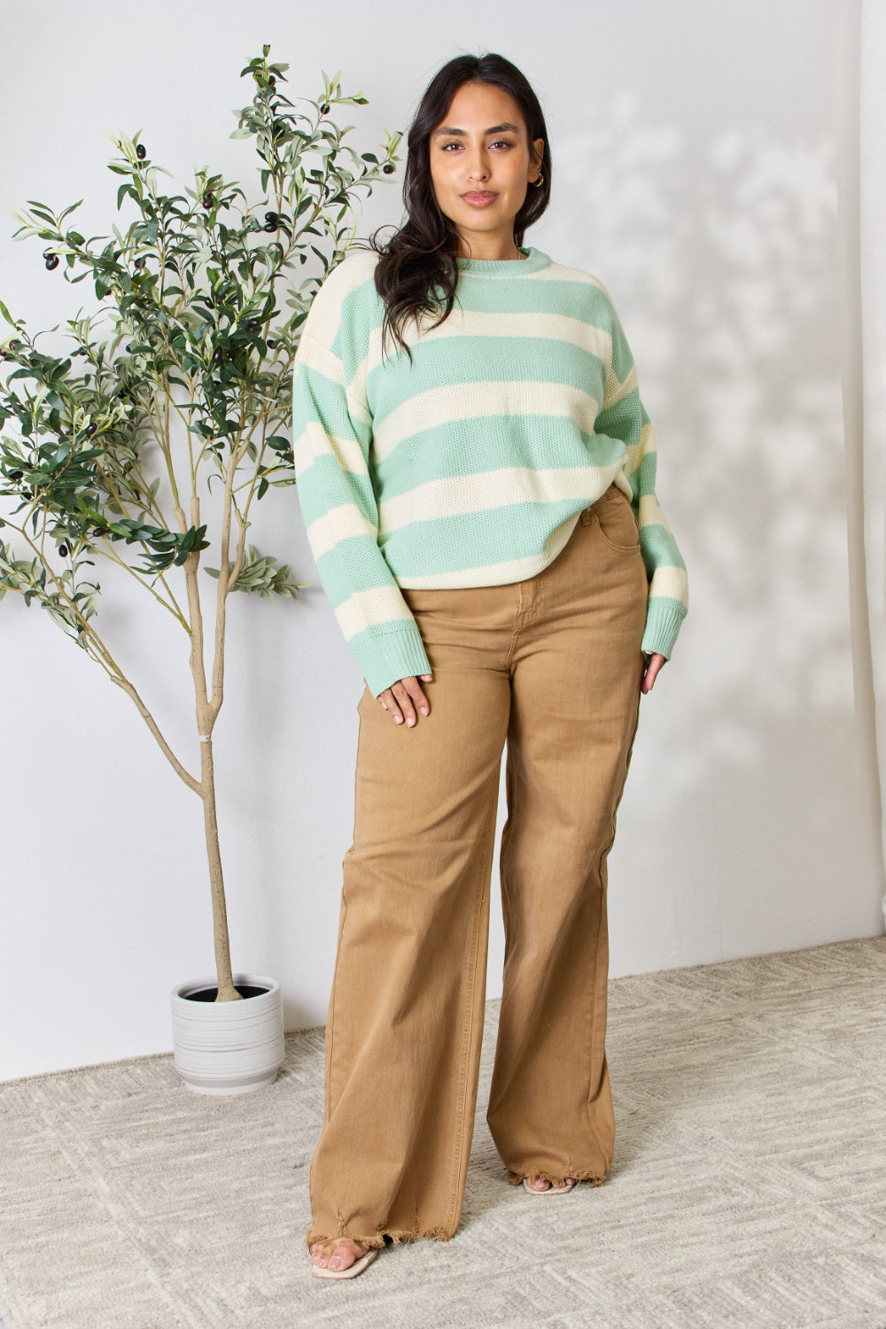 Sew In Love Full Size Contrast Striped Round Neck Sweater - The Boutie Shop