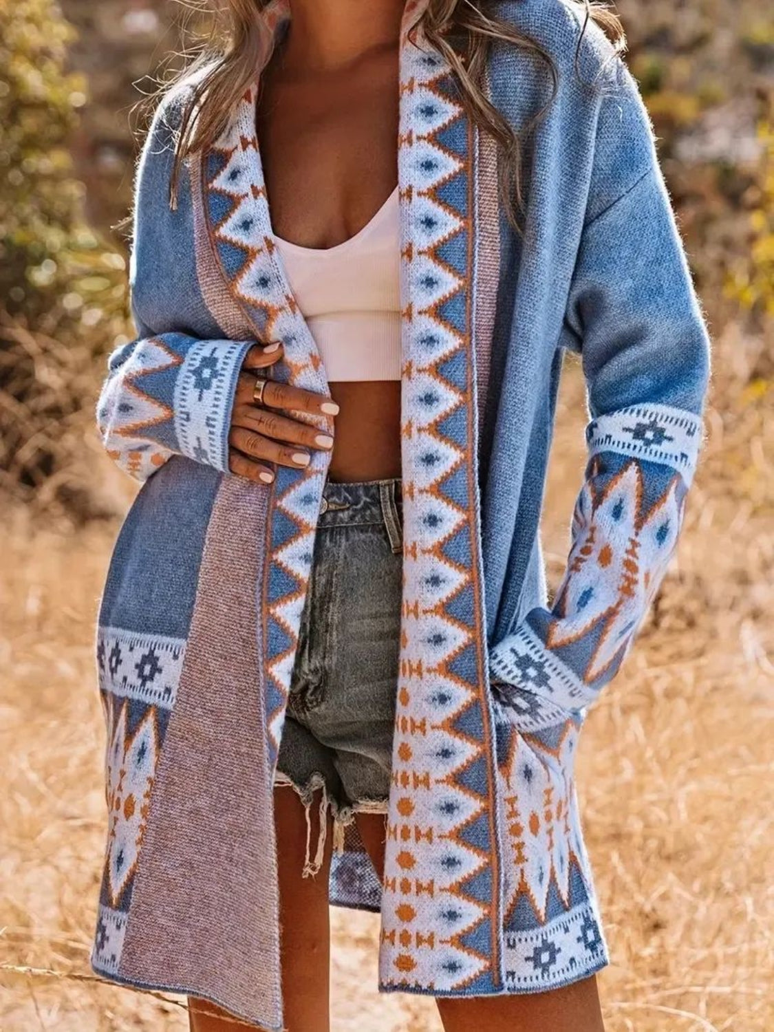 Plus Size Geometric Open Front Cardigan with Pockets