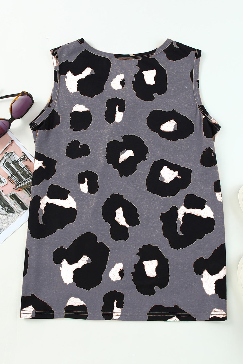 Pocketed Leopard Round Neck Tank - The Boutie Shop