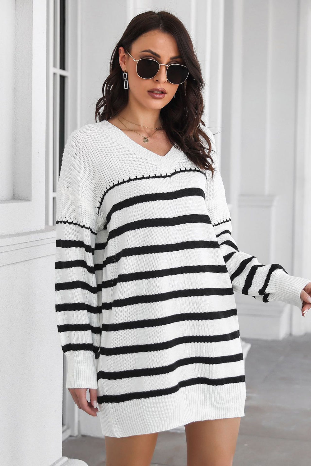 Striped V-Neck Drop Shulder Sweater Dress - The Boutie Shop