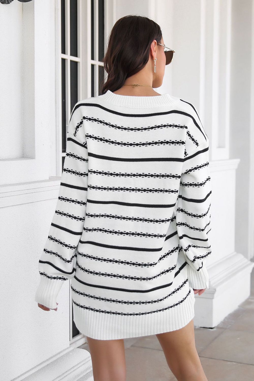 Striped V-Neck Sweater Dress - The Boutie Shop