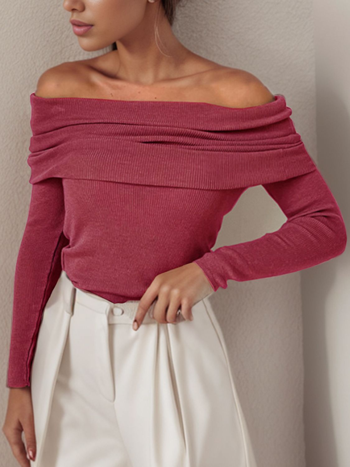 Off-Shoulder Long Sleeve Sweater - The Boutie Shop