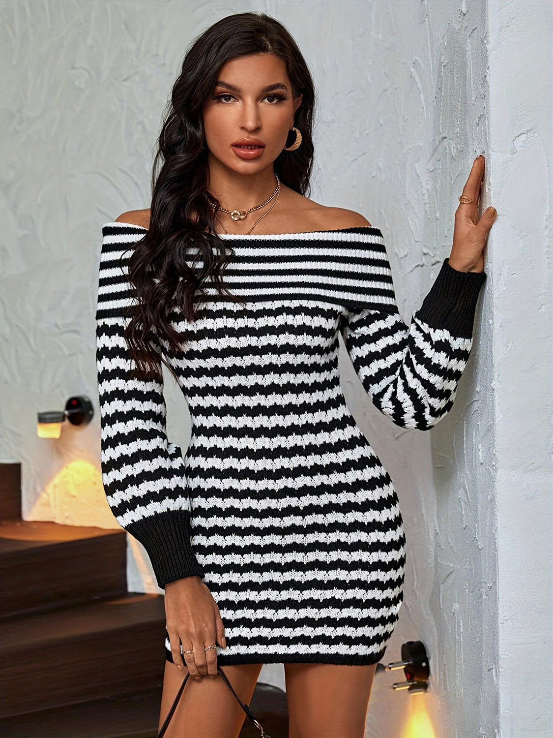 Striped Off-Shoulder Sweater Dress - The Boutie Shop