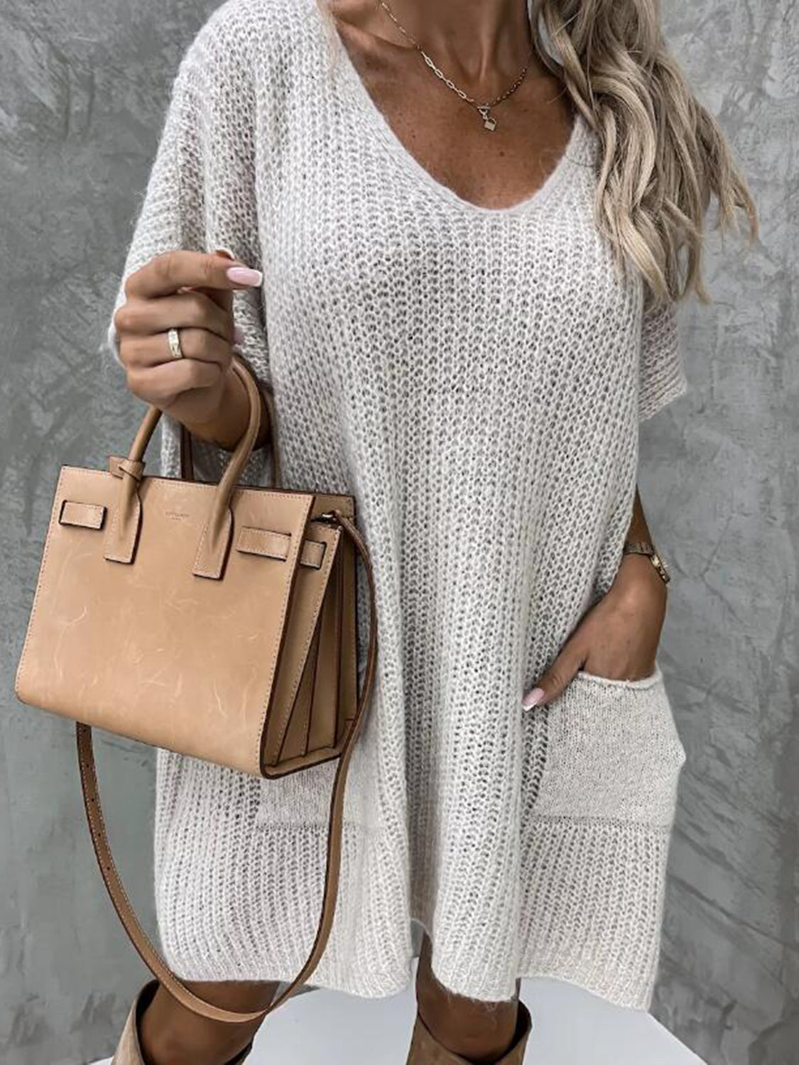 Short Sleeve Sweater Dress with Pockets - The Boutie Shop