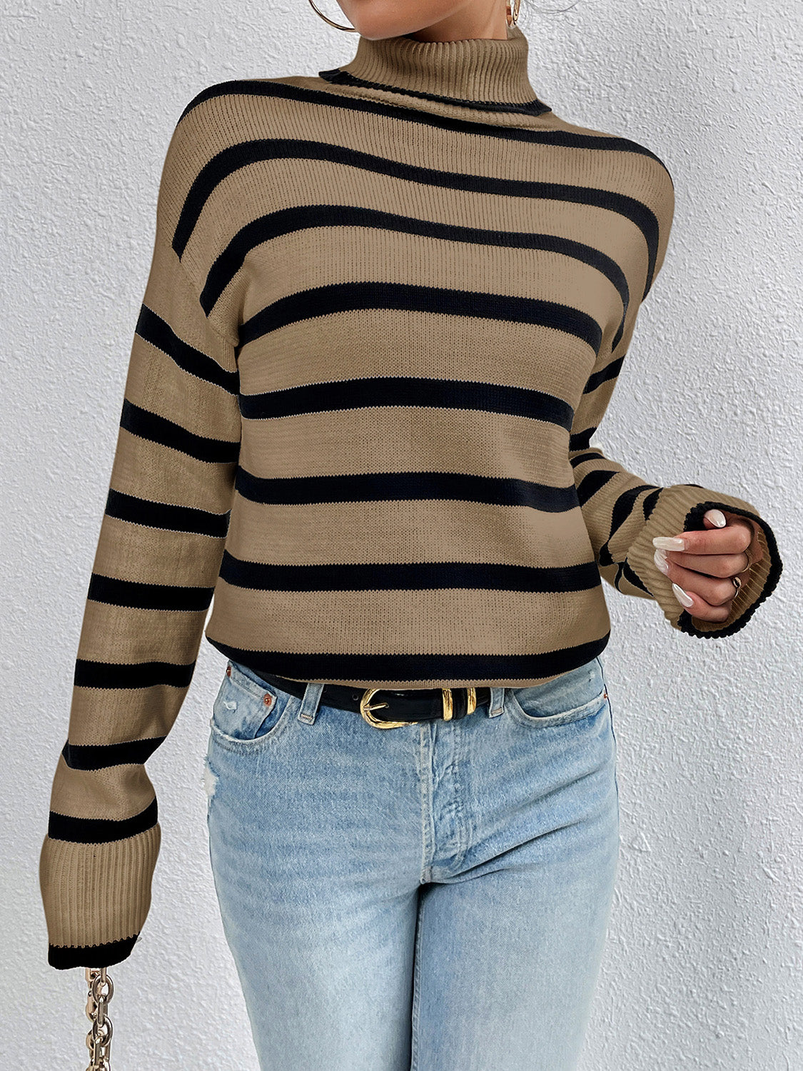 Striped Turtleneck Long Sleeve Sweater - The Boutie Shop