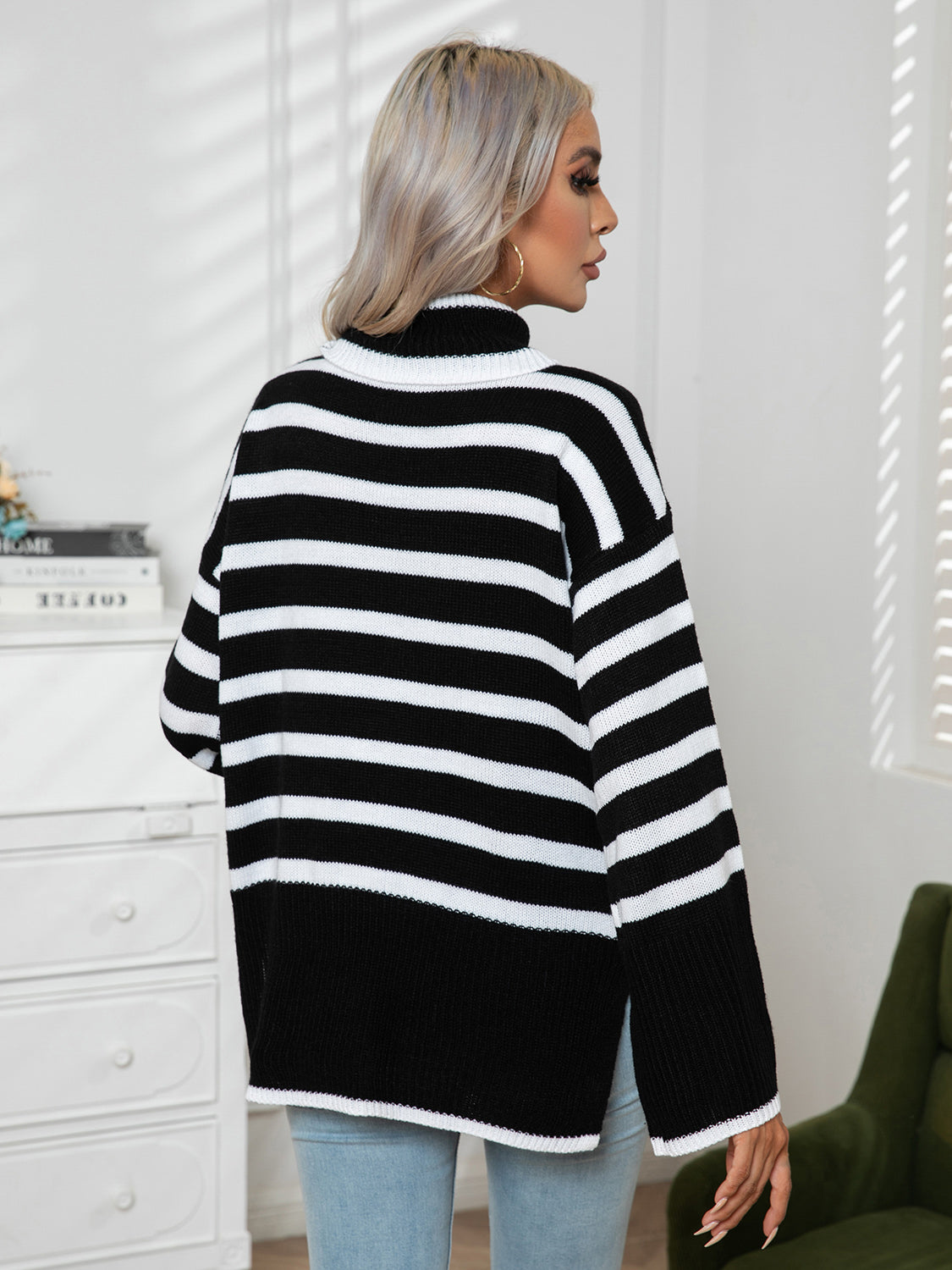 Striped Slit Turtleneck Drop Shoulder Sweater - The Boutie Shop