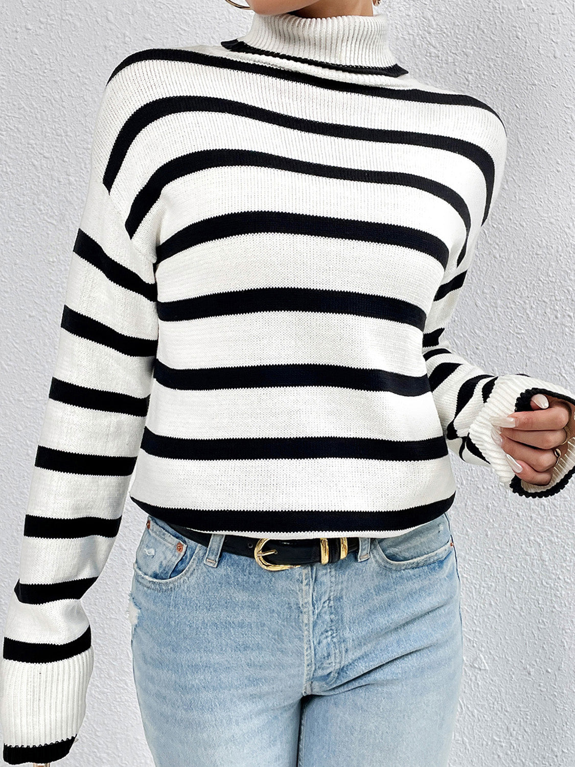 Striped Turtleneck Long Sleeve Sweater - The Boutie Shop