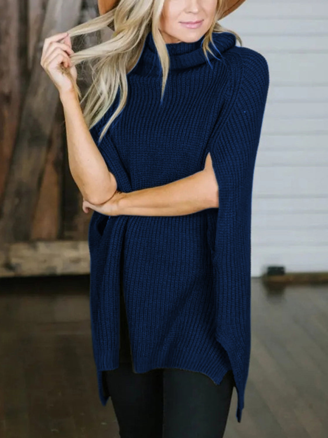Turtleneck Slit Sweater - The Boutie Shop