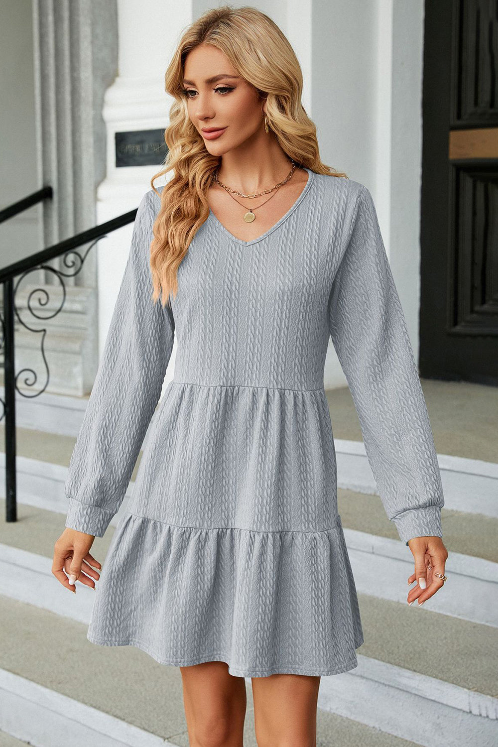 V-Neck Long Sleeve Mini Dress - The Boutie Shop