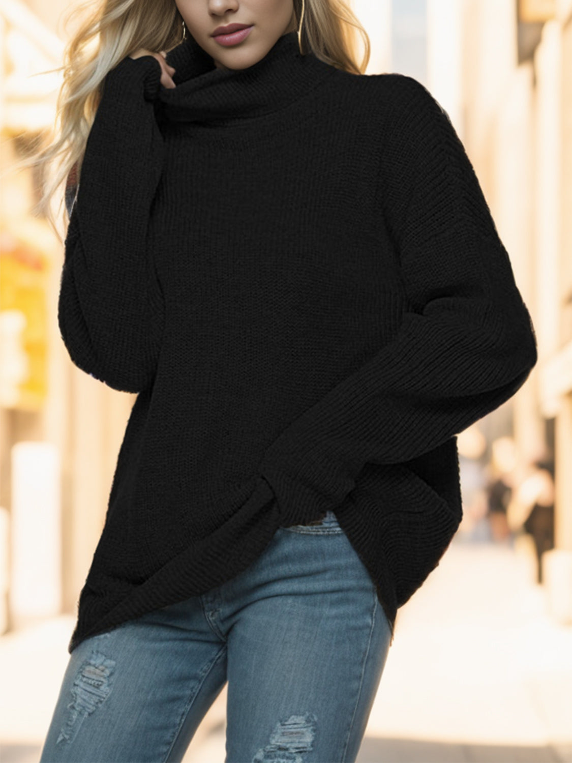 Turtleneck Drop Shoulder Long Sleeve Sweater - The Boutie Shop