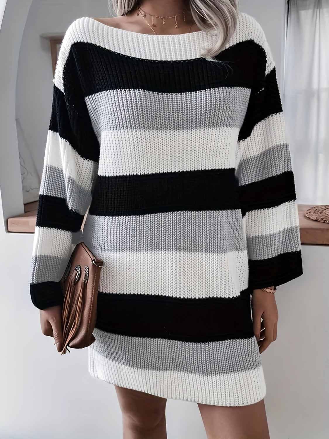 Striped Long Sleeve Mini Sweater Dress - The Boutie Shop