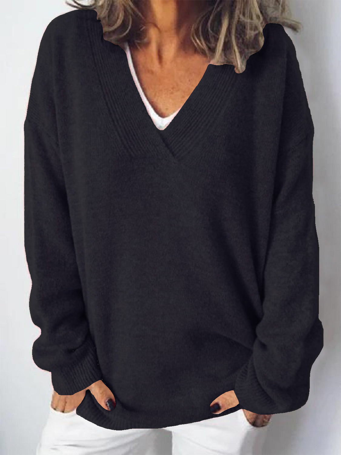 V-Neck Dropped Shoulder Sweater - The Boutie Shop