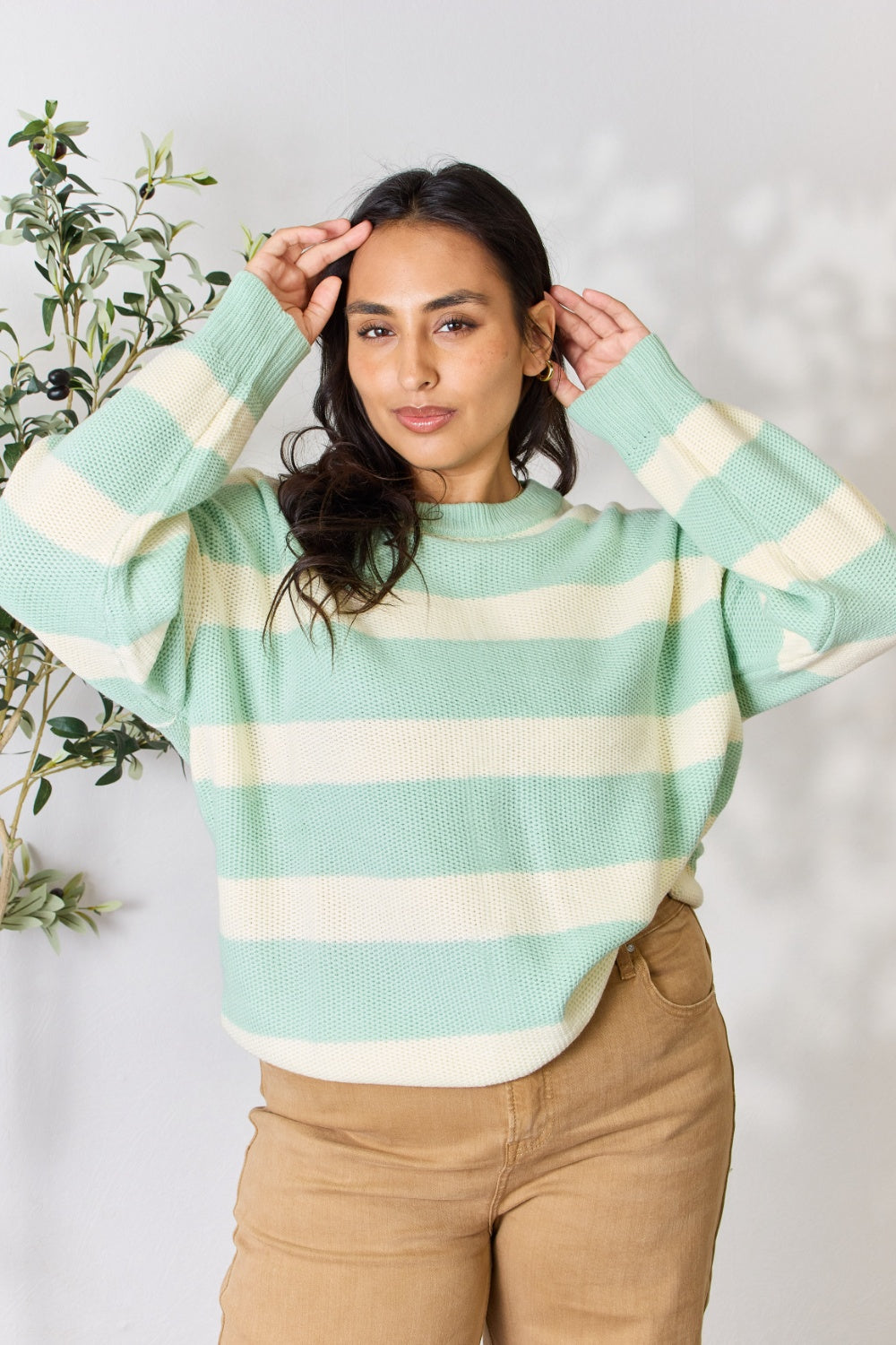 Sew In Love Full Size Contrast Striped Round Neck Sweater - The Boutie Shop
