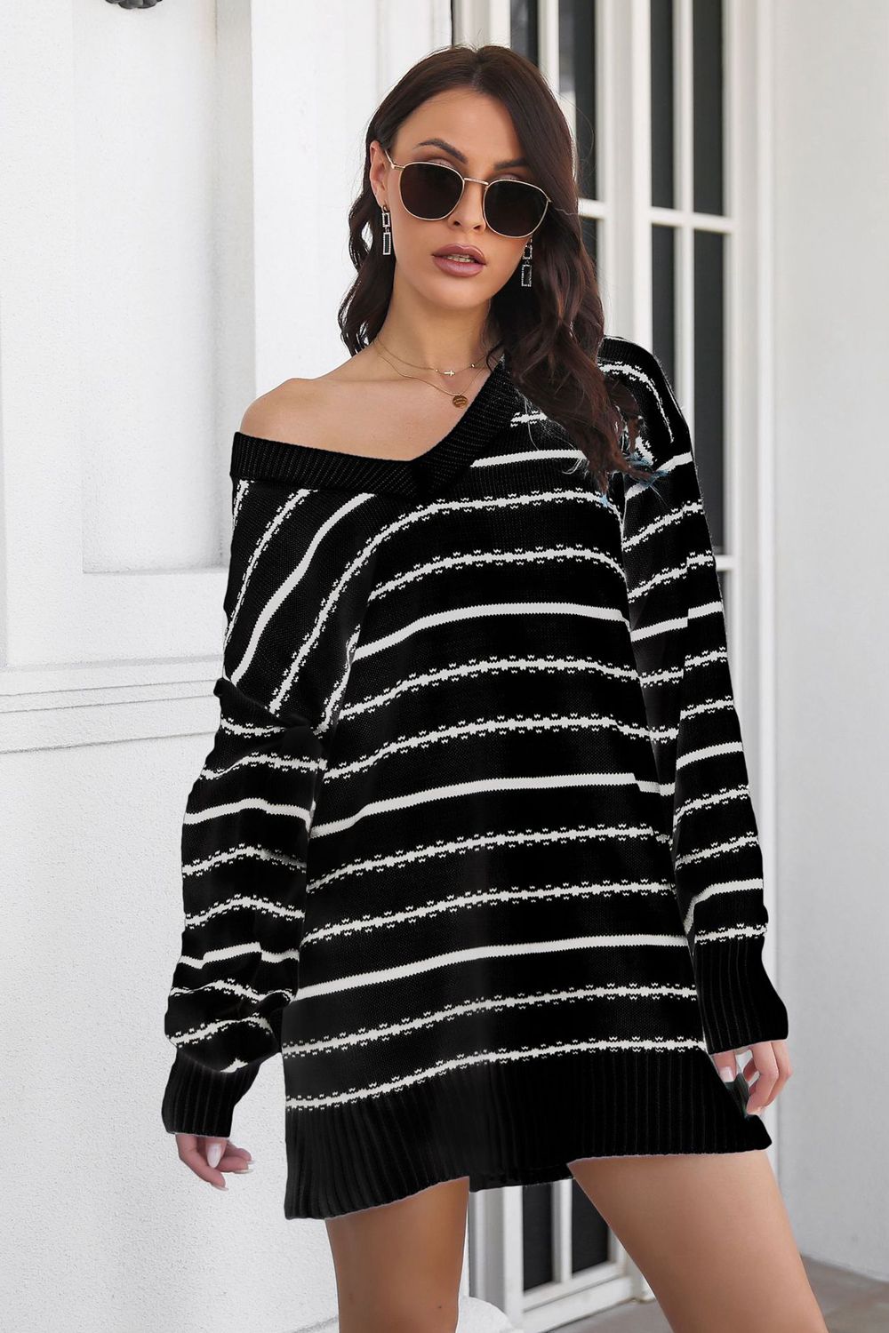Striped V-Neck Sweater Dress - The Boutie Shop